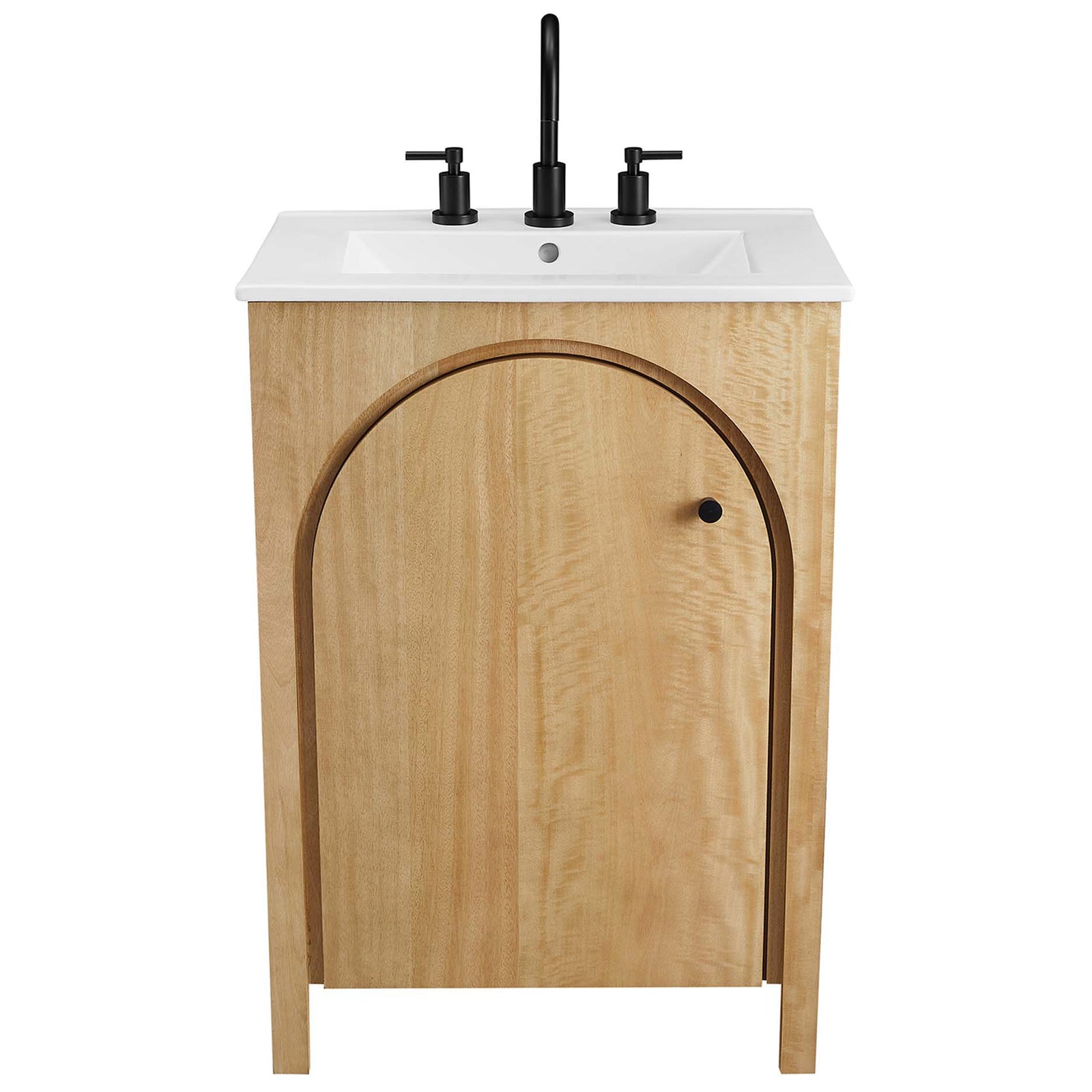 Clean-lined vanity pairs a crisp white sink with a curved oak facade for timeless appeal || EEI-6788-OAK-WHI || front_studio