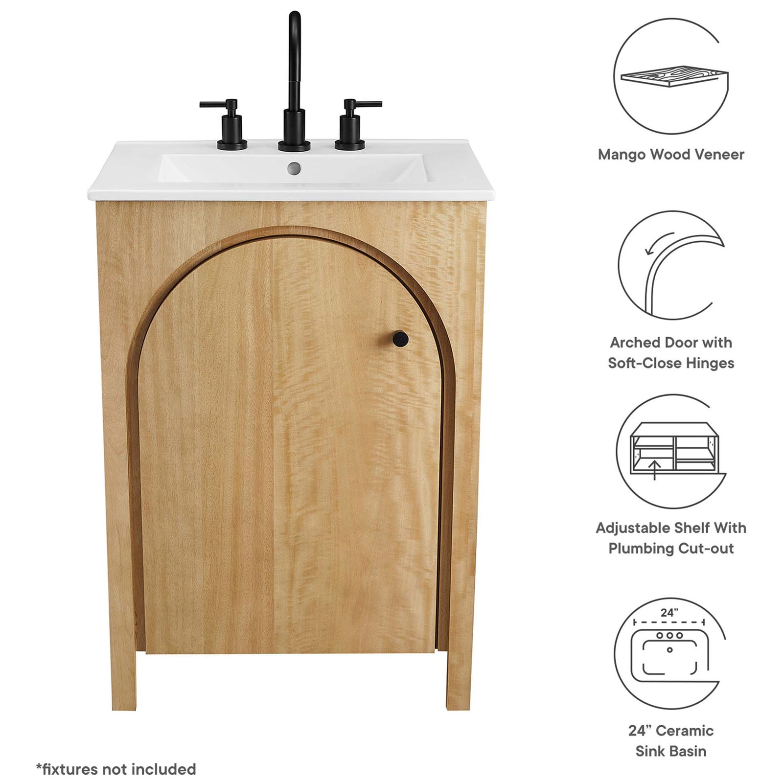 Feature highlights: mango wood veneer, soft-close arched door, adjustable shelf, and 24-inch sink || EEI-6788-OAK-WHI || callout_studio