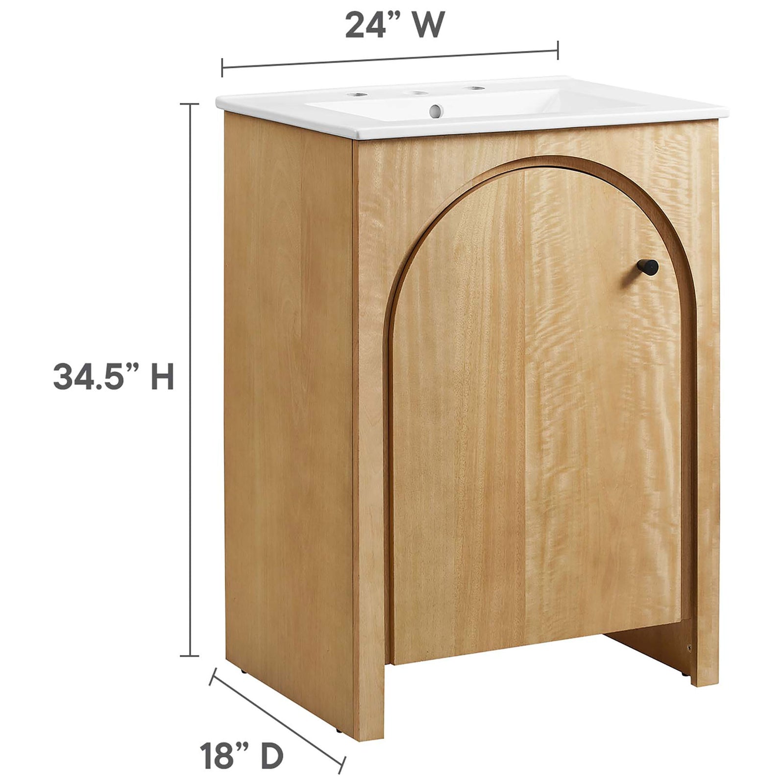 Sized for small bathrooms: 24 in. W x 18 in. D x 34.5 in. H || EEI-6788-OAK-WHI || dimension_studio