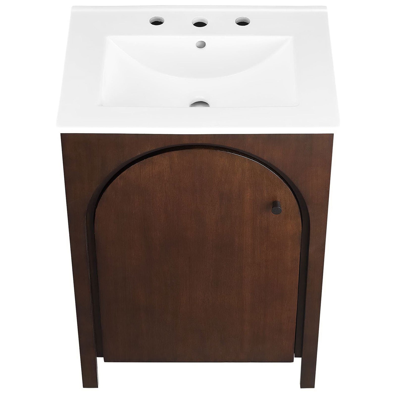 Rectangular basin with 8 inch widespread holes crowns the arched door vanity || EEI-6788-WAL-WHI || top_studio