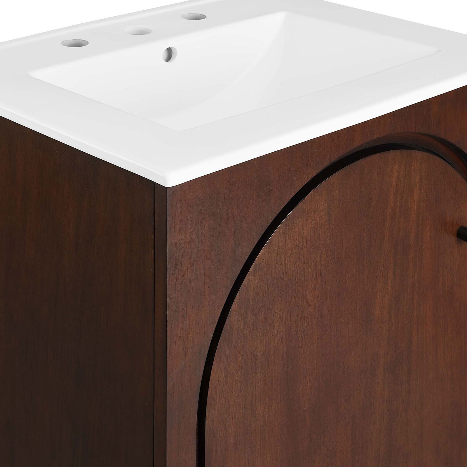 Smooth ceramic edge and sculpted arch trim in warm walnut finish || EEI-6788-WAL-WHI || detail_studio