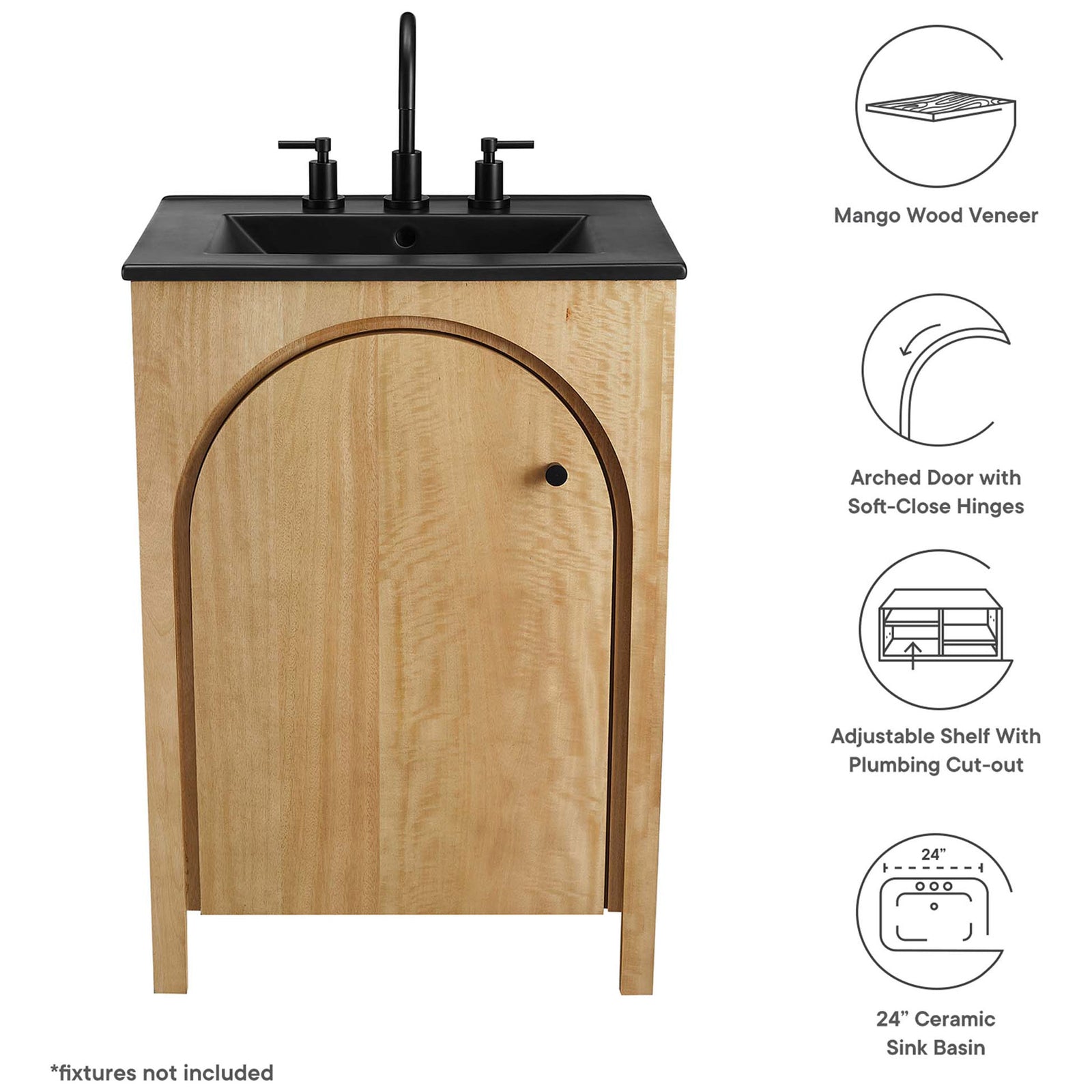 Key features include an arched door, soft-close hinges, adjustable shelf, and black ceramic sink. || EEI-6789-OAK-BLK || callout_studio