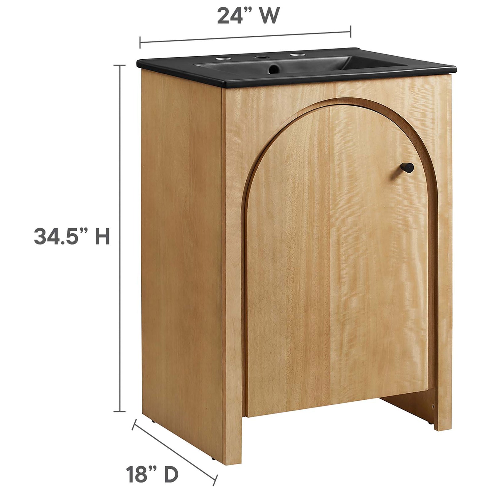 Compact 24 inch vanity with 18 inch depth and 34.5 inch height to fit small bathrooms. || EEI-6789-OAK-BLK || dimension_studio