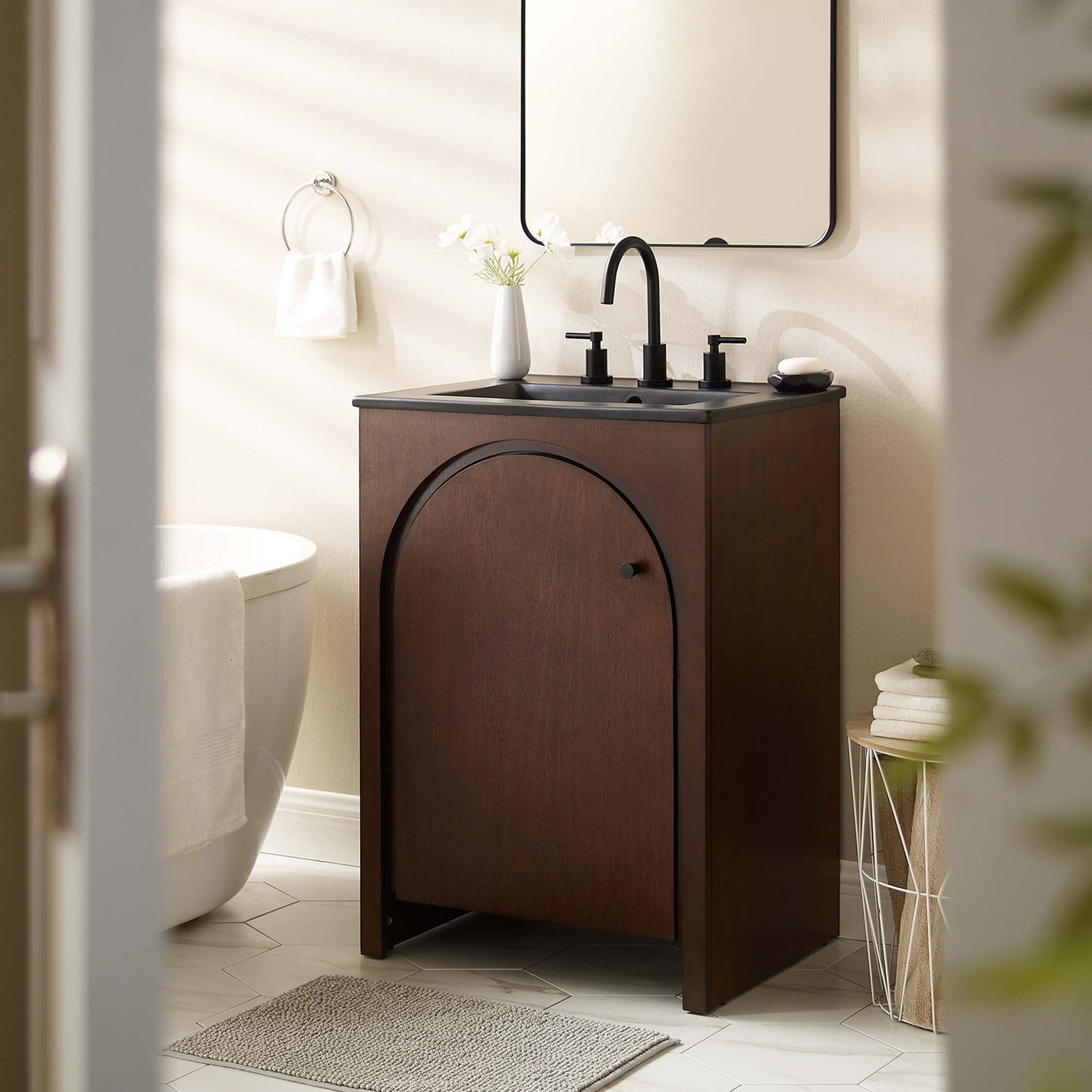 Warm walnut finish and matte black basin elevate a modern bath with effortless charm. || EEI-6789-WAL-BLK || front_angle_room