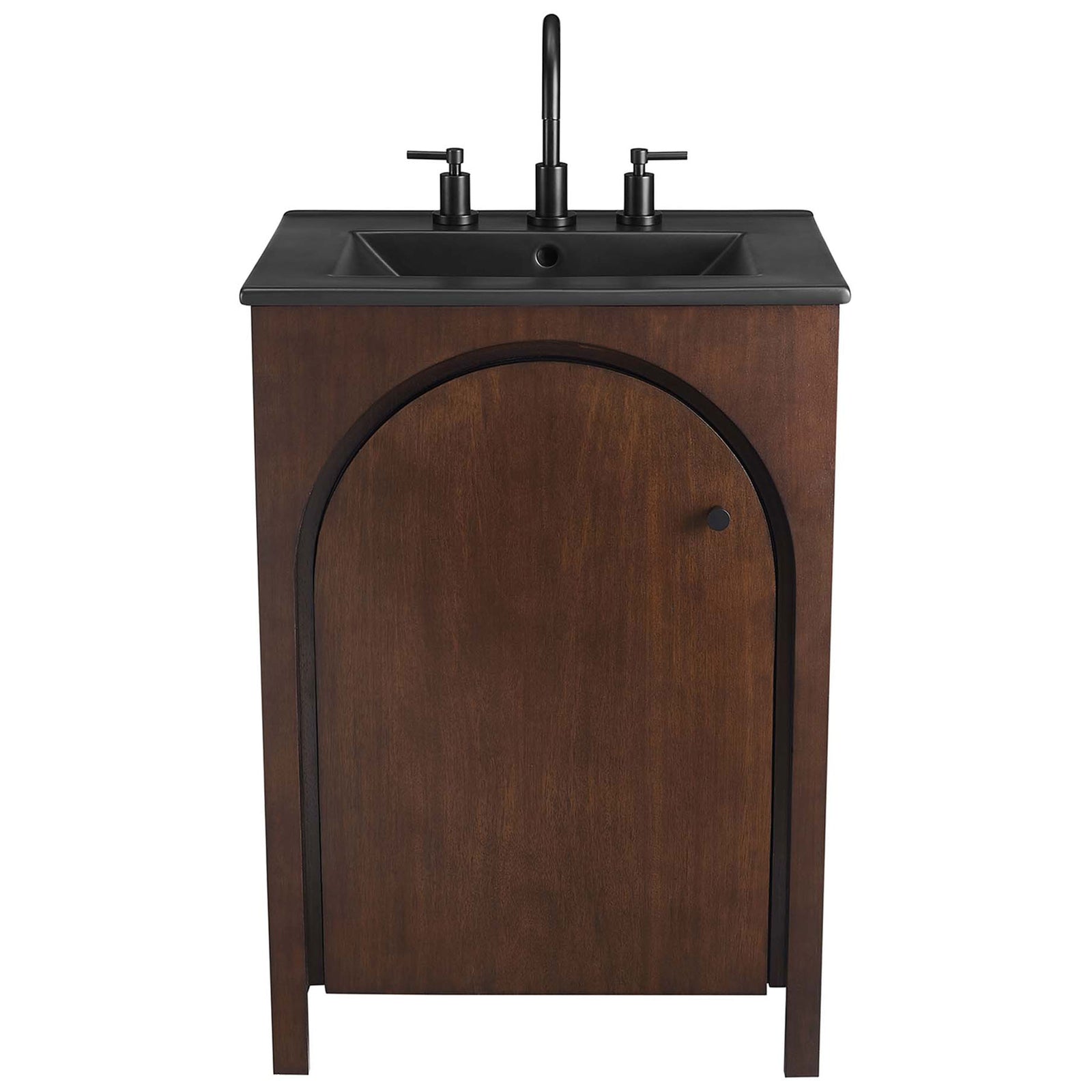 Matte black basin and arched walnut door deliver a timeless, refined vanity centerpiece. || EEI-6789-WAL-BLK || front_studio