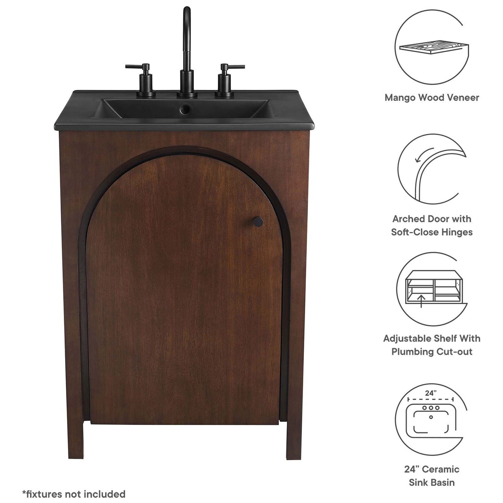Key features include mango wood veneer, arched soft-close door, adjustable shelf, and 24 inch ceramic sink. || EEI-6789-WAL-BLK || callout_studio