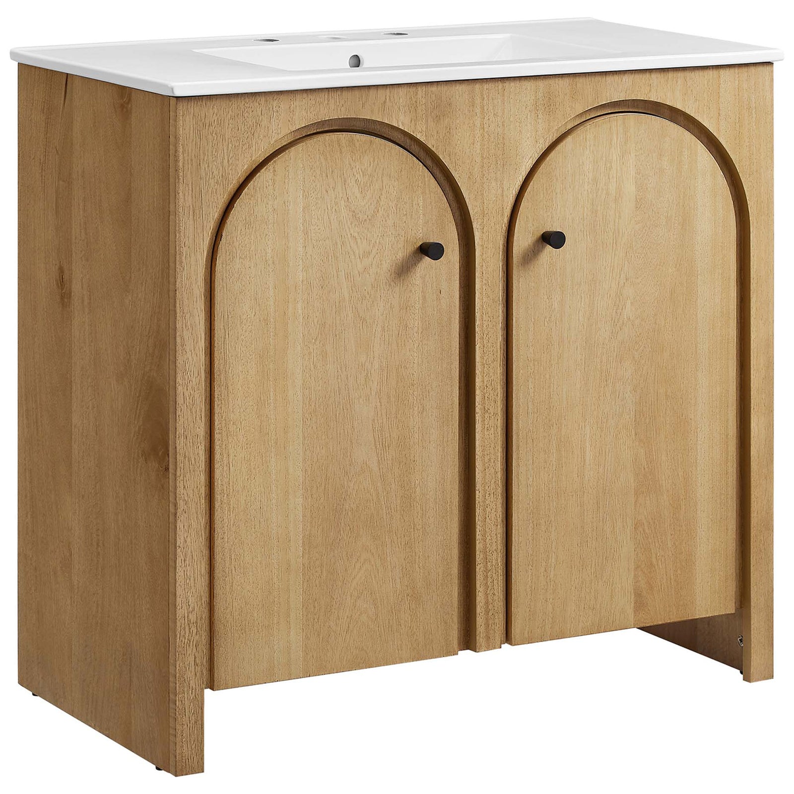 Warm oak grain and arched doors pair with a crisp white sink for effortless modern charm. || EEI-6790-OAK-WHI || front_angle_studio