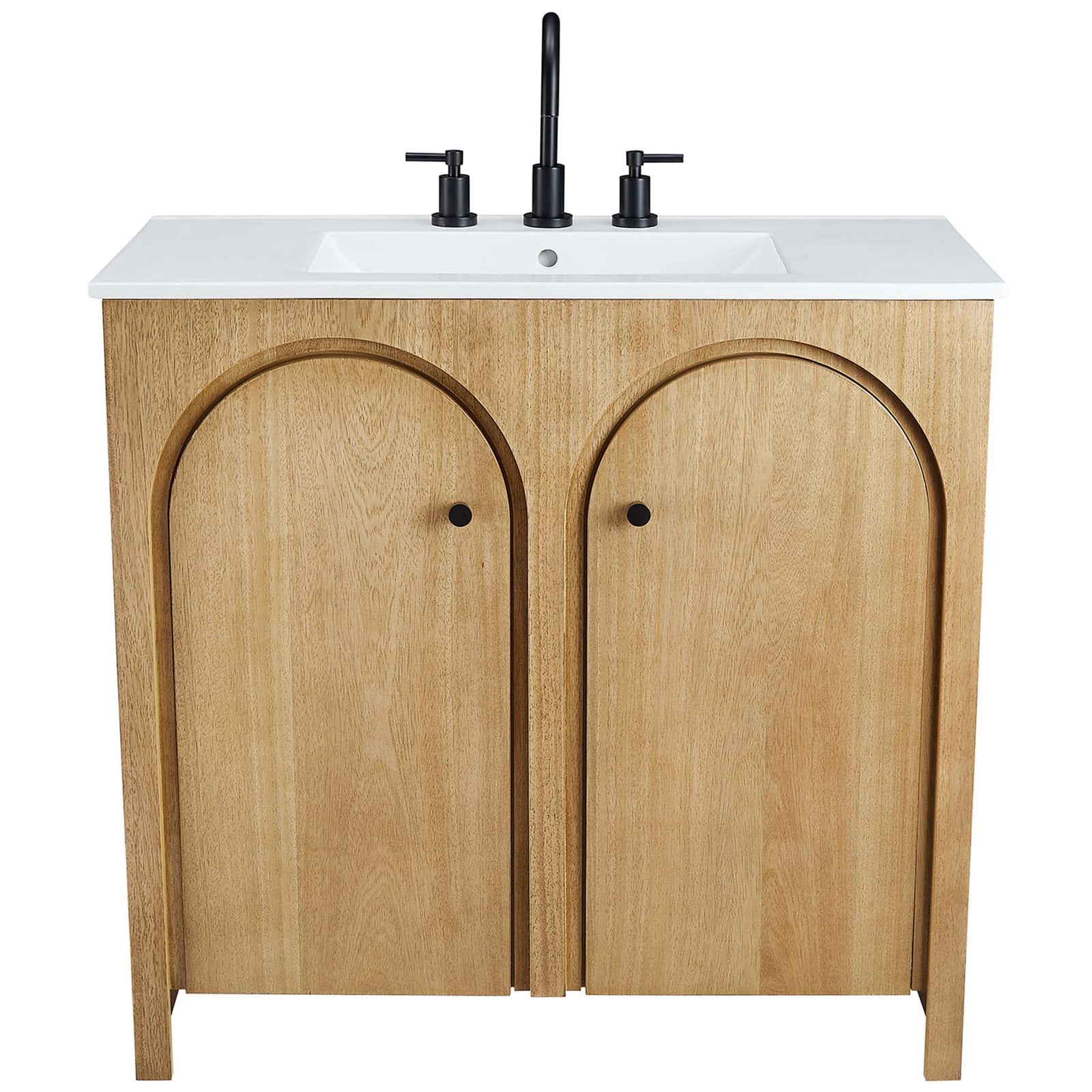 Refined 36-inch vanity with arched doors and black door pulls framing the white ceramic basin. || EEI-6790-OAK-WHI || front_studio