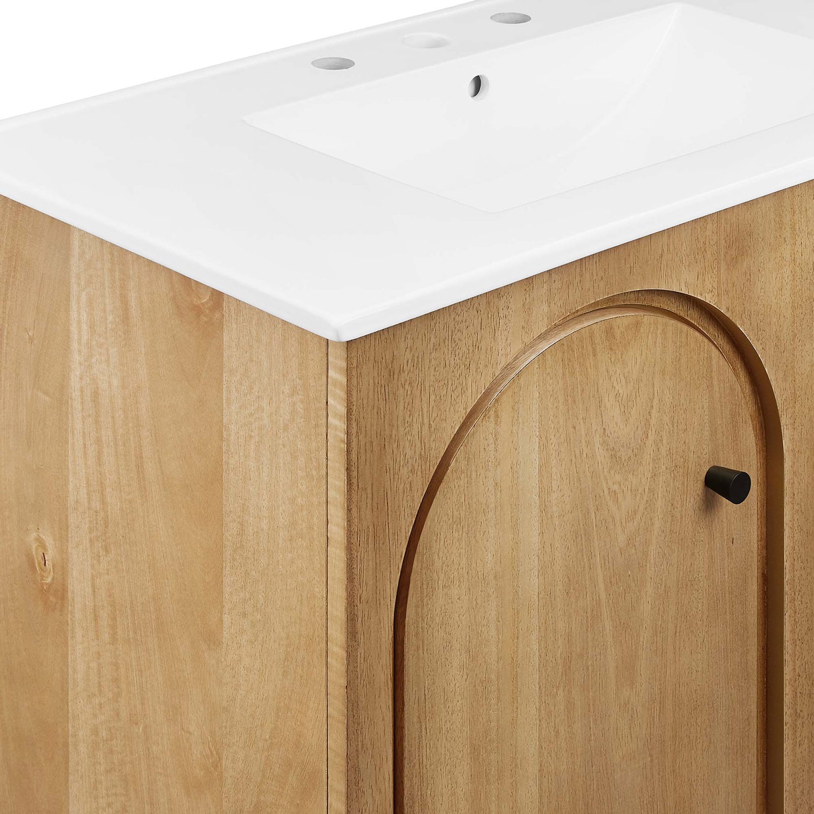 Mango wood veneer showcases natural grain alongside the seamless ceramic countertop. || EEI-6790-OAK-WHI || detail_studio