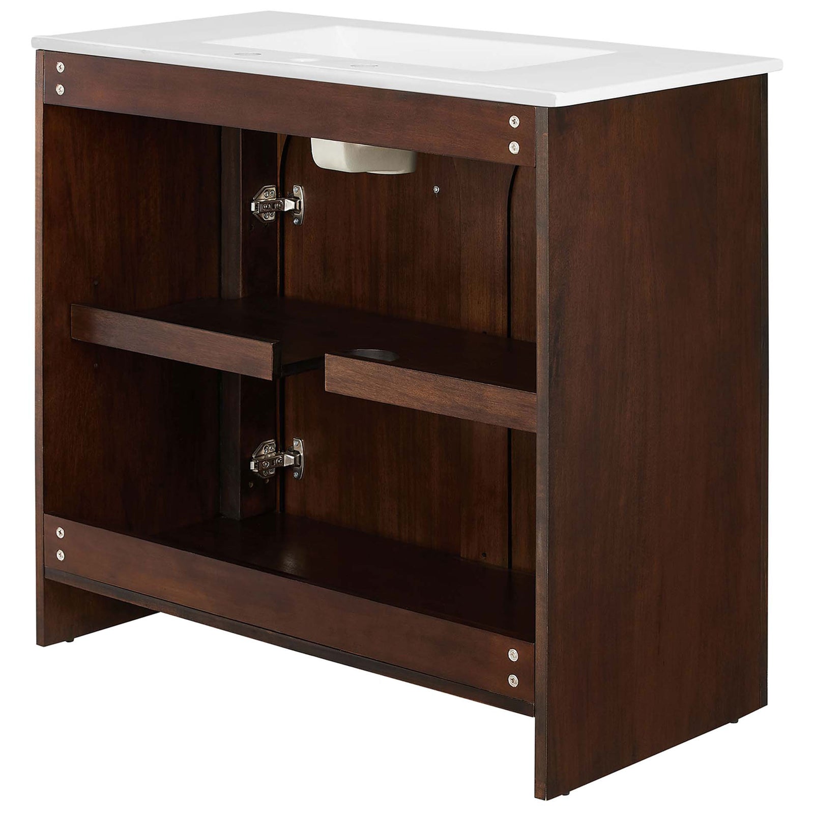 Open-back cabinet with soft-close hinges and an adjustable shelf with plumbing cut-out for essentials || EEI-6790-WAL-WHI || back_angle_studio