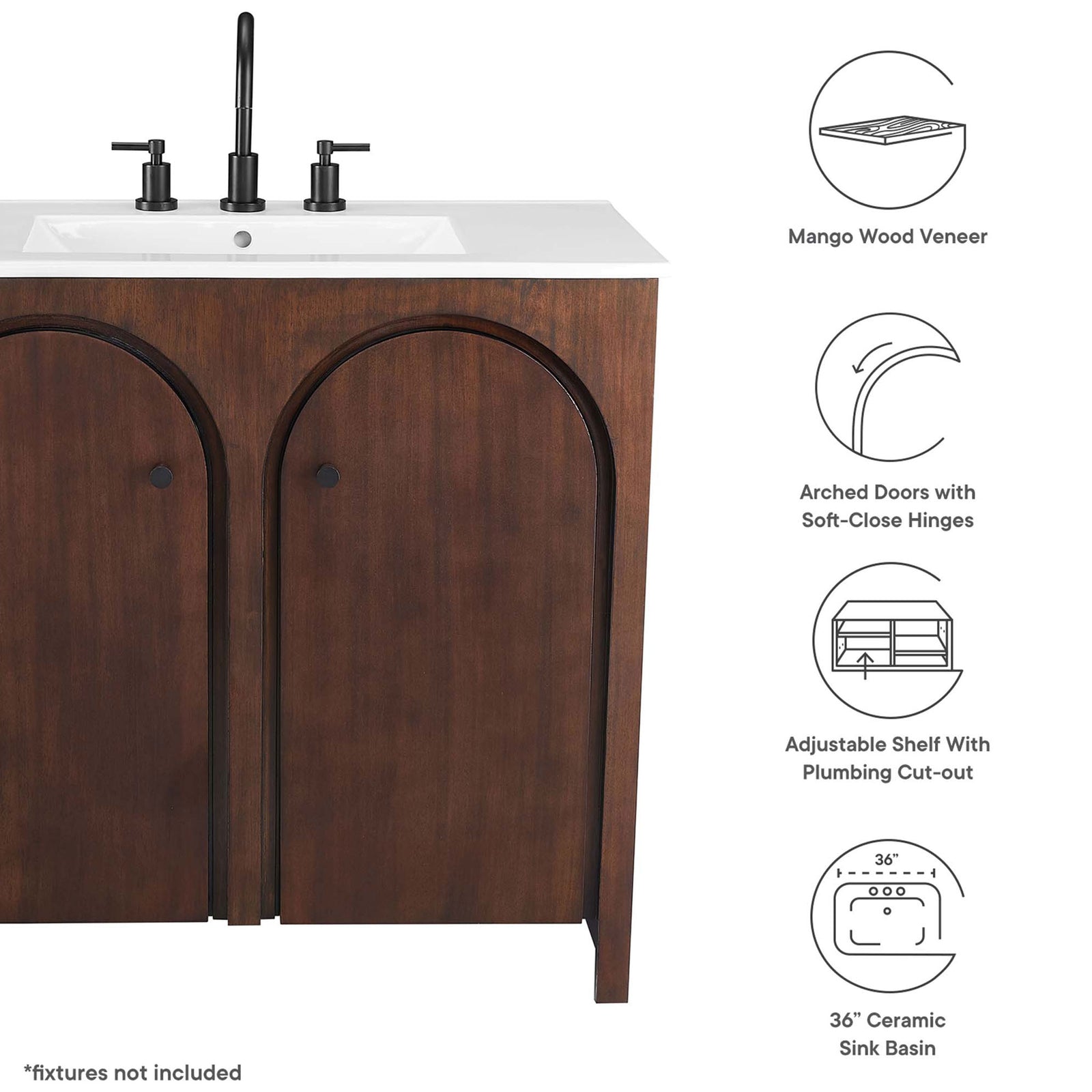 Key features: mango wood veneer, arched soft-close doors, adjustable shelf, and 36-inch ceramic sink || EEI-6790-WAL-WHI || callout_studio