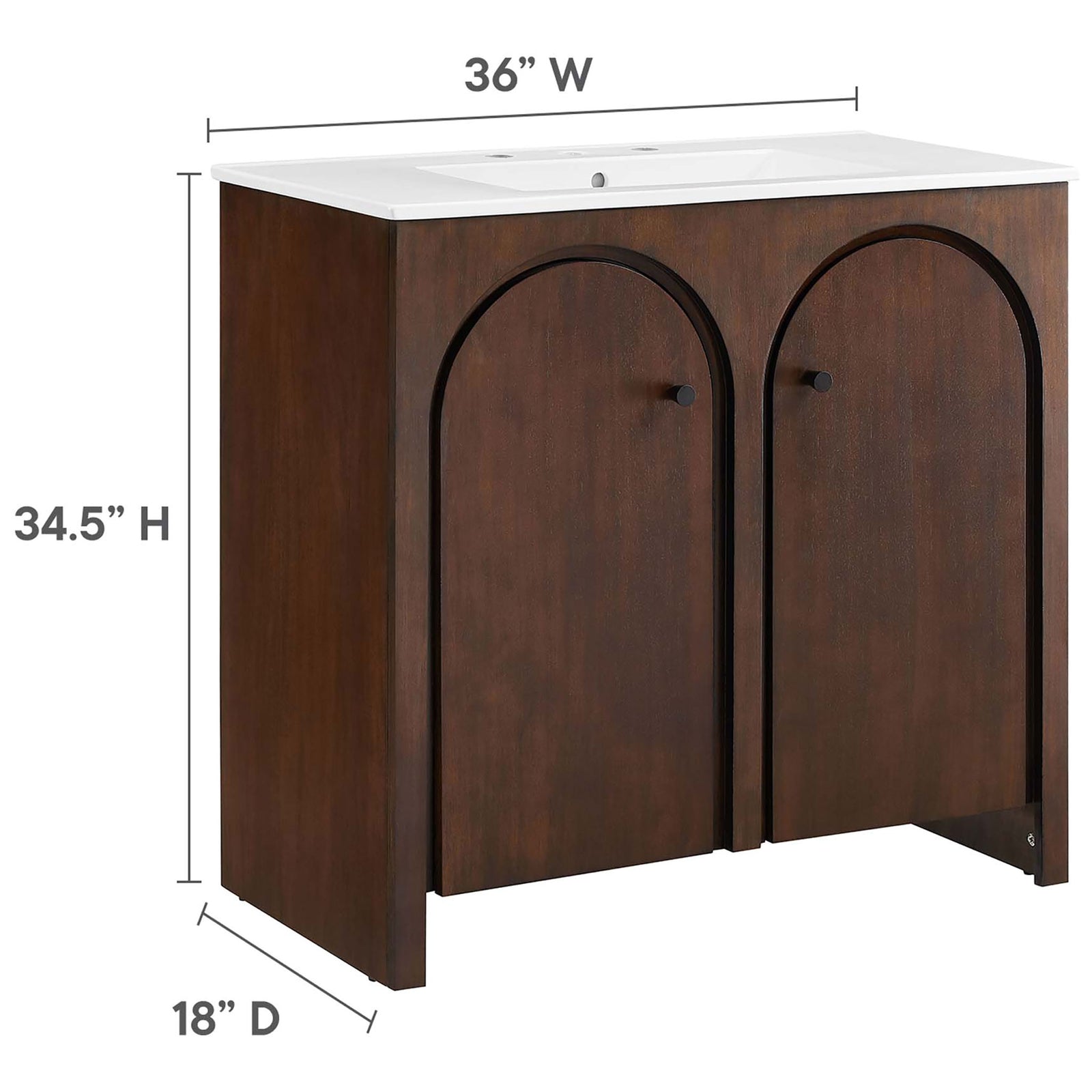 Measures 36 in. W x 18 in. D x 34.5 in. H to fit bathrooms with style and function || EEI-6790-WAL-WHI || dimension_studio