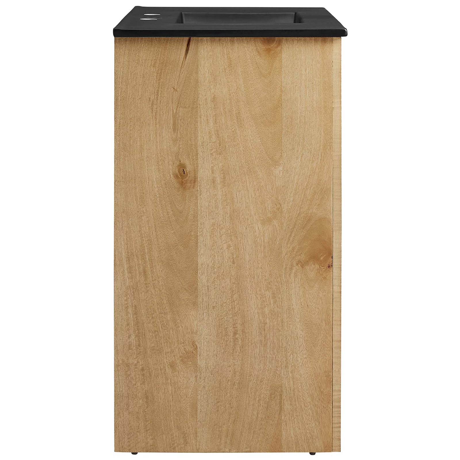 Streamlined profile highlights the wood grain and slim countertop edge. || EEI-6791-OAK-BLK || side_studio