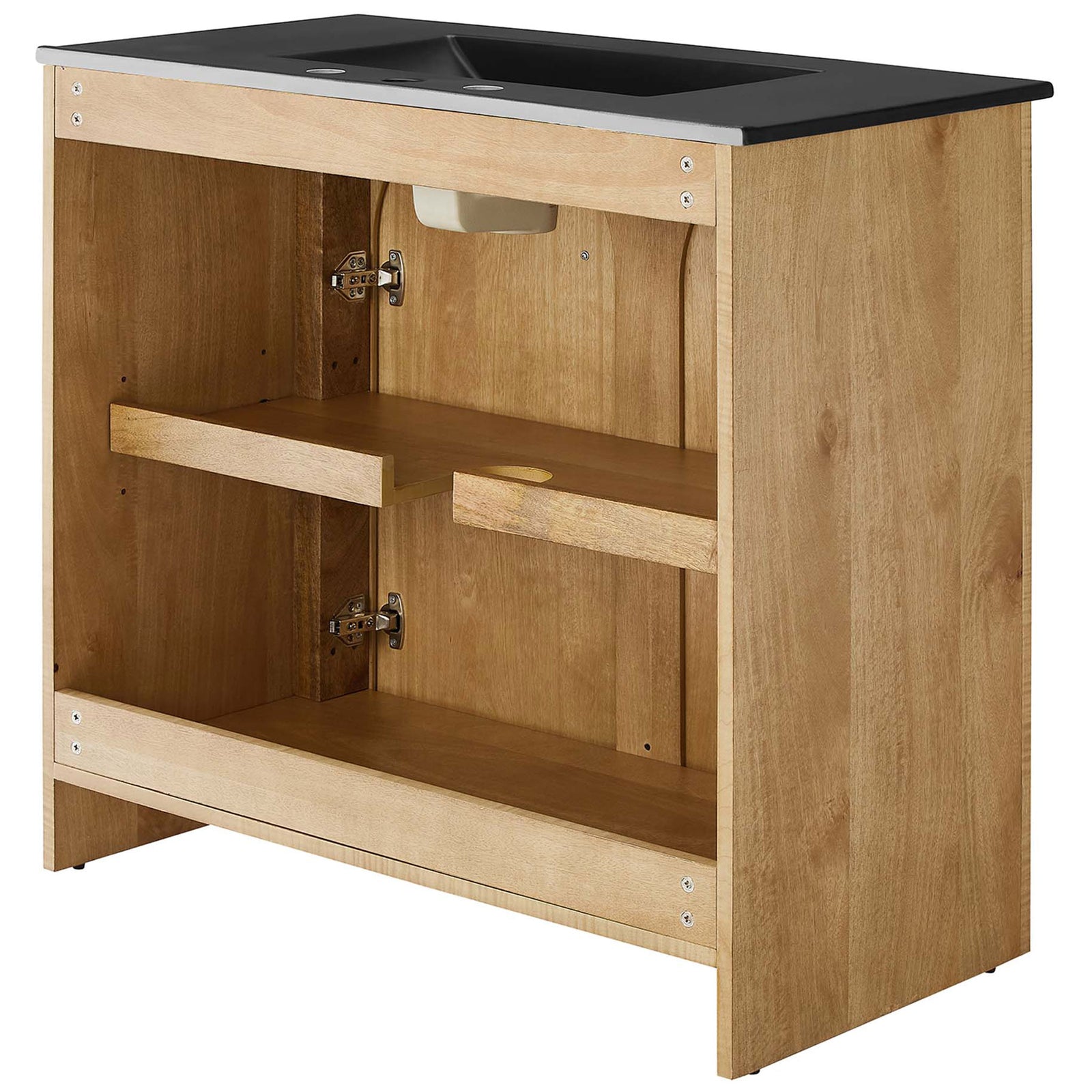 Open back with soft close hinges and adjustable shelf for easy plumbing access. || EEI-6791-OAK-BLK || back_angle_studio