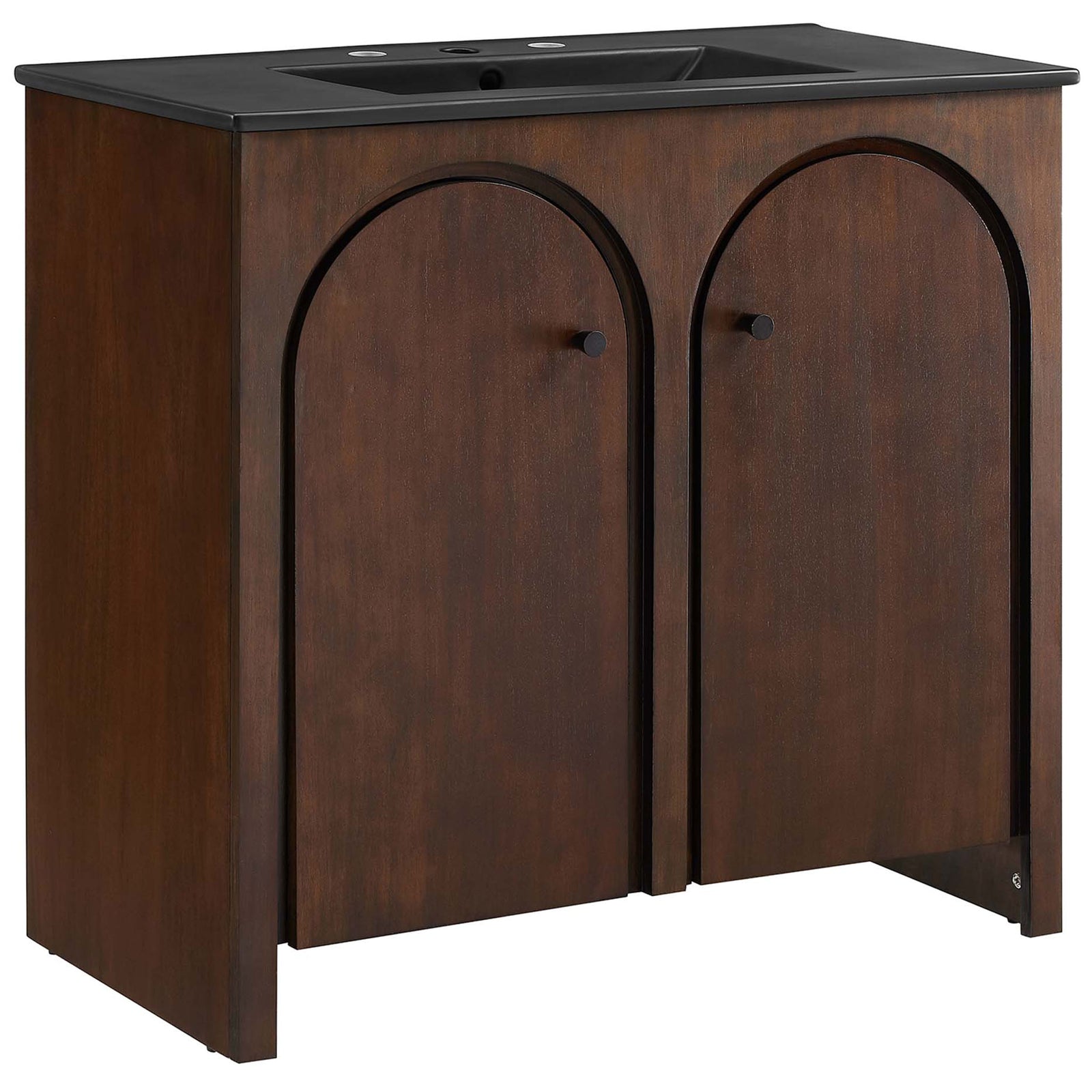 Walnut vanity with arched doors and matte black sink creates a bold, sculptural bathroom centerpiece || EEI-6791-WAL-BLK || front_angle_studio