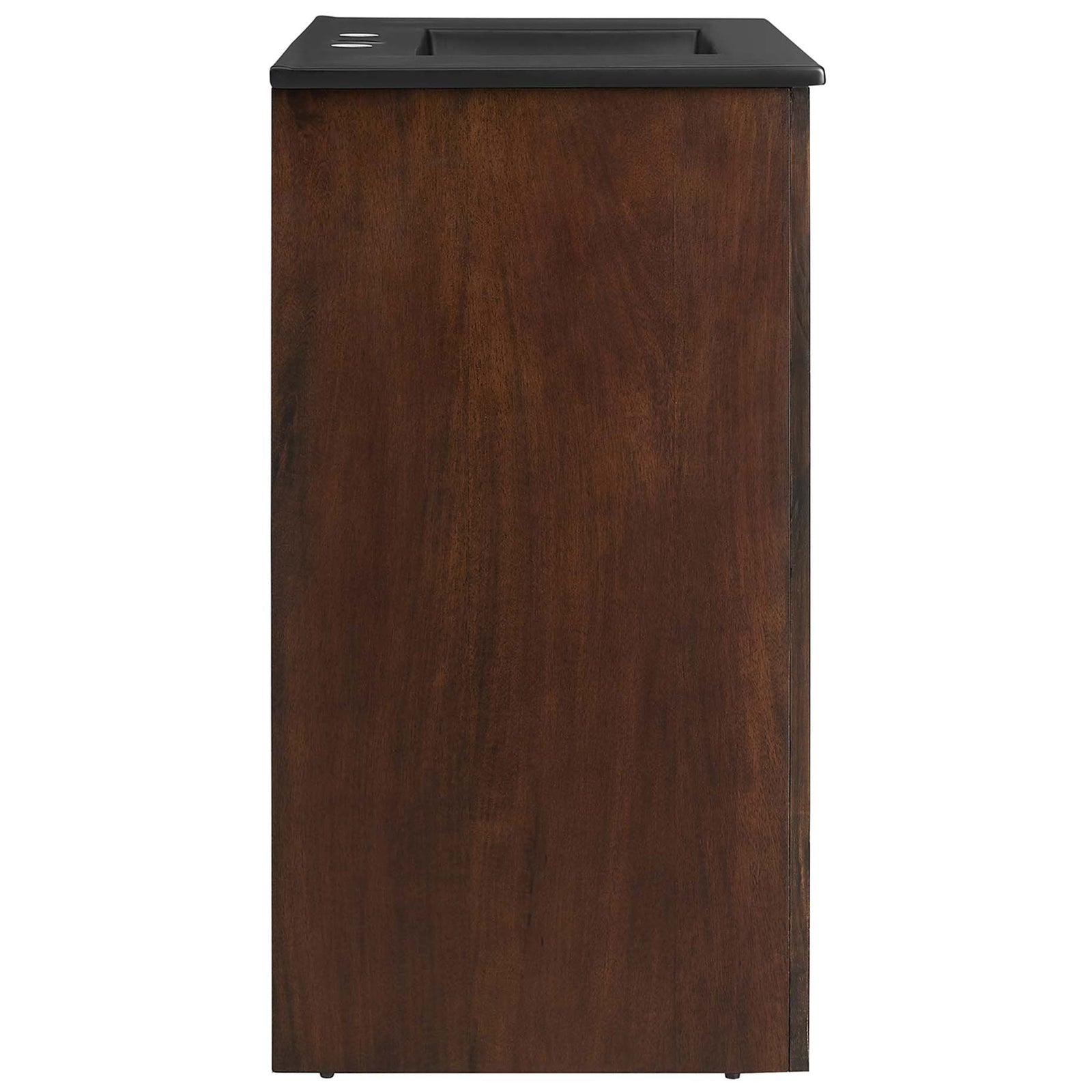 Streamlined walnut profile with rich grain and sleek black countertop enhances modern bath spaces || EEI-6791-WAL-BLK || side_studio