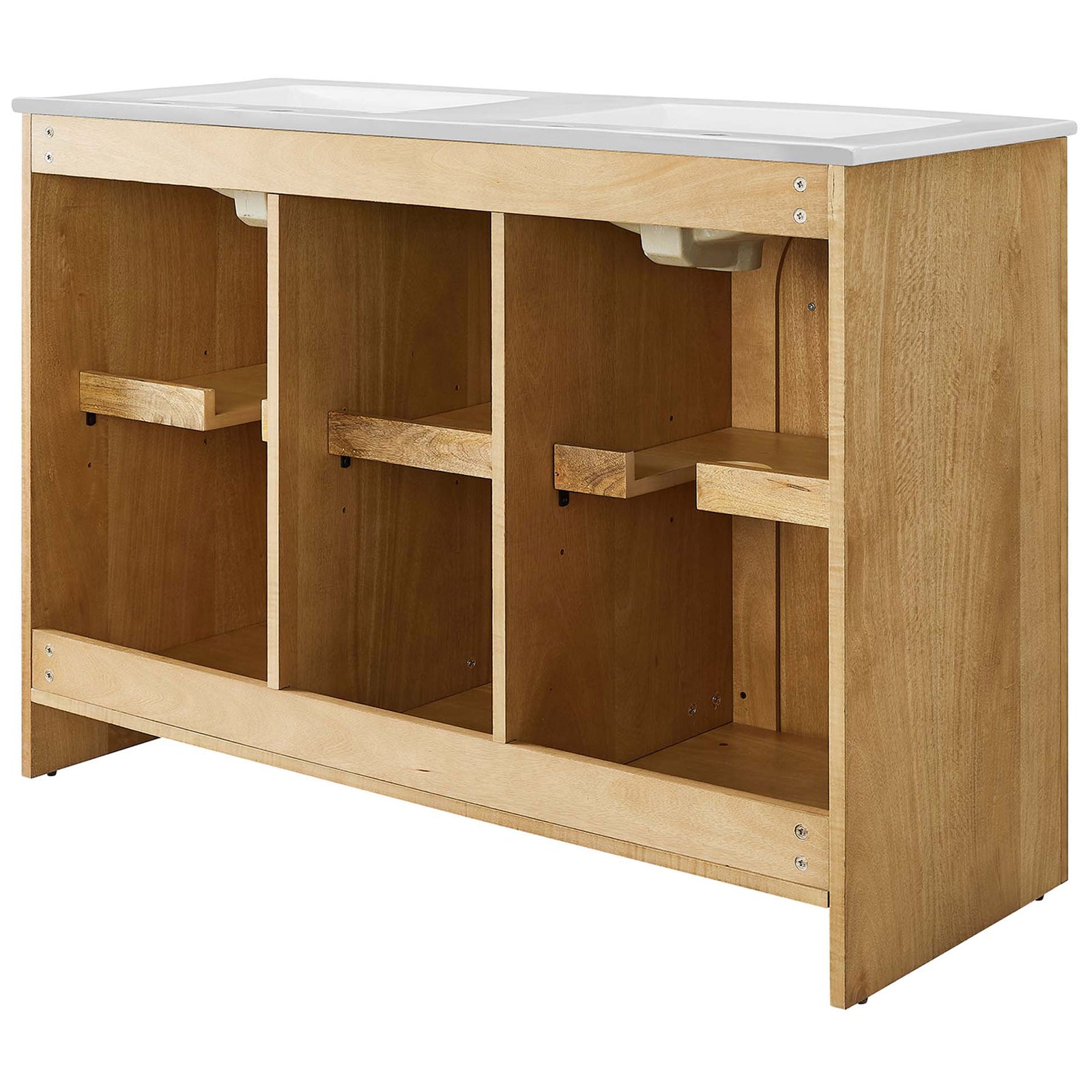 Open back with plumbing cutouts and adjustable shelf supports for easy installation || EEI-6792-OAK-WHI || back_studio