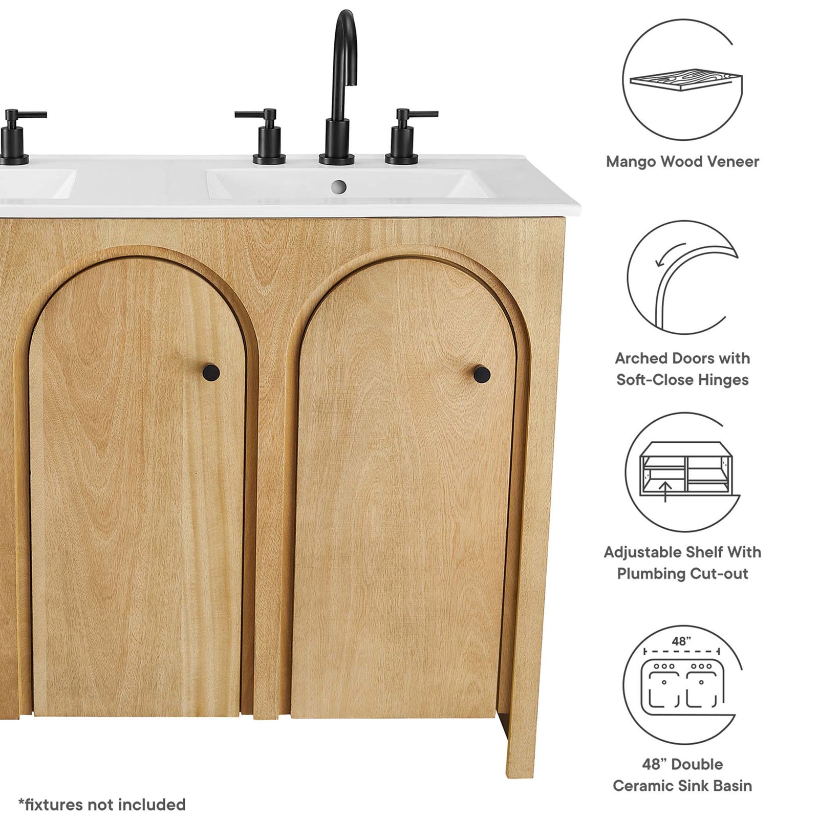 Mango wood veneer, arched doors, adjustable shelf, and 48-inch double ceramic sink || EEI-6792-OAK-WHI || callout_studio