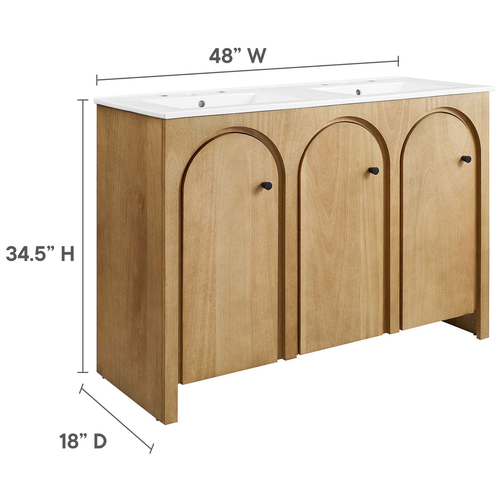 48-inch-wide vanity, 18-inch deep, 34.5-inch high with integrated double sink || EEI-6792-OAK-WHI || dimension_studio