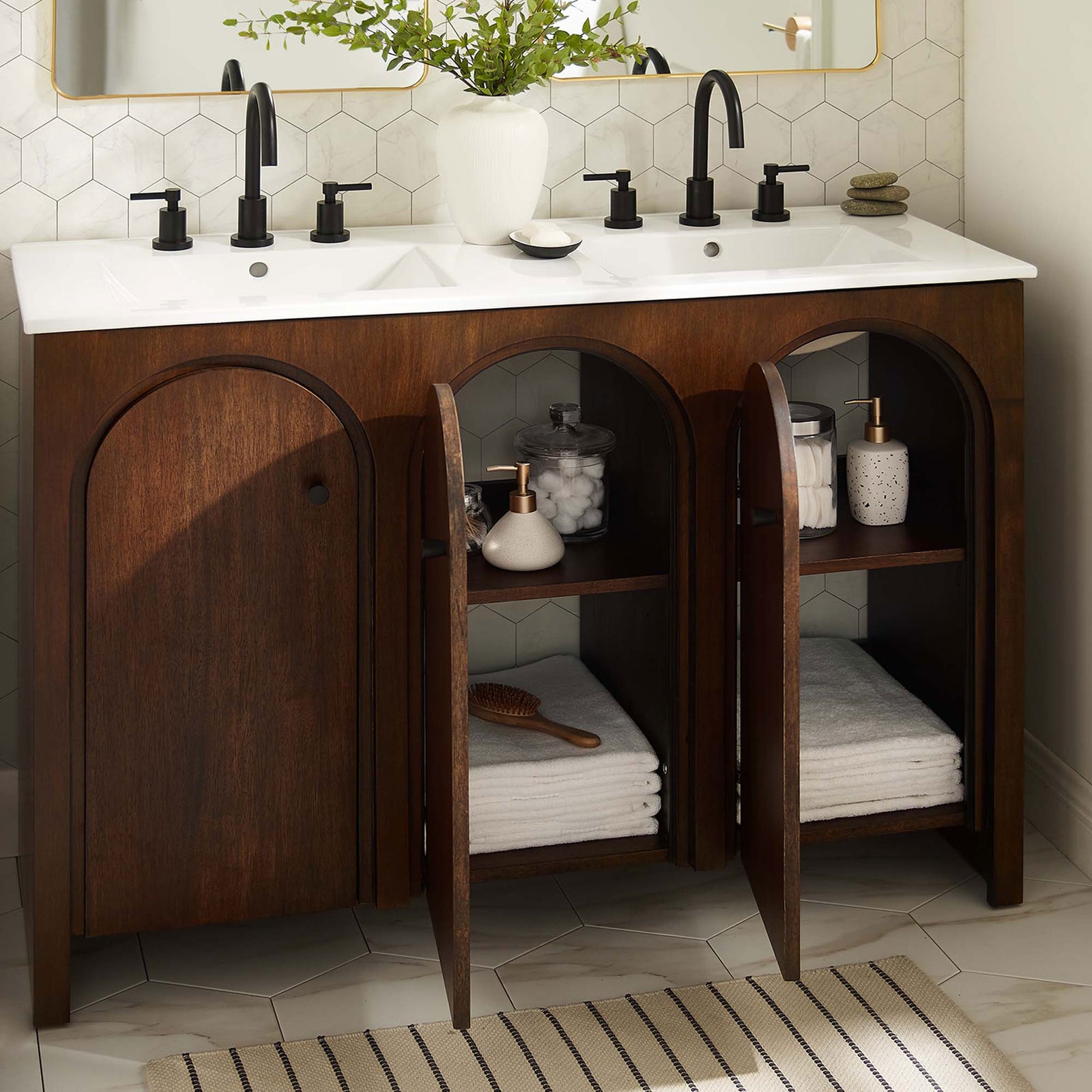 Ample interior storage with adjustable shelves keeps towels and essentials neatly within reach. || EEI-6792-WAL-WHI || front_open_room