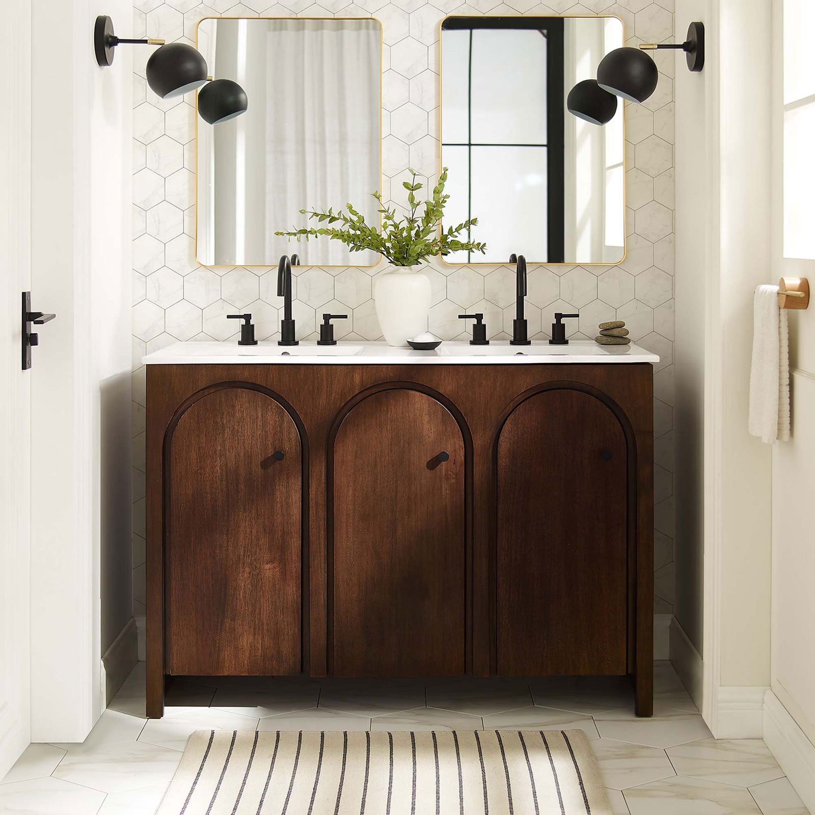 Elevated bathroom centerpiece blending warm walnut tones with a bright, integrated double sink. || EEI-6792-WAL-WHI || front_room