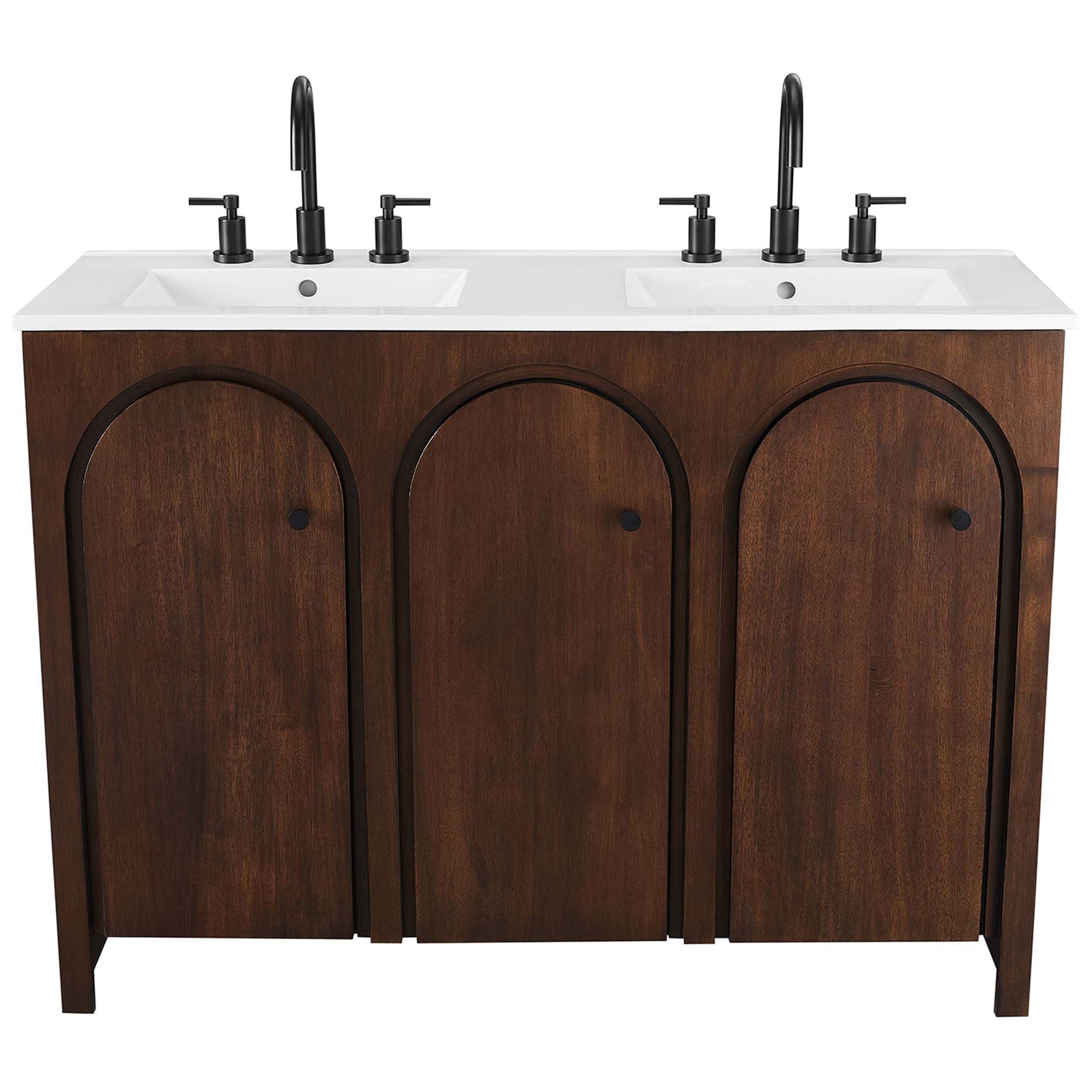 Clean-lined facade with arched panels pairs with a crisp double sink for modern character. || EEI-6792-WAL-WHI || front_studio
