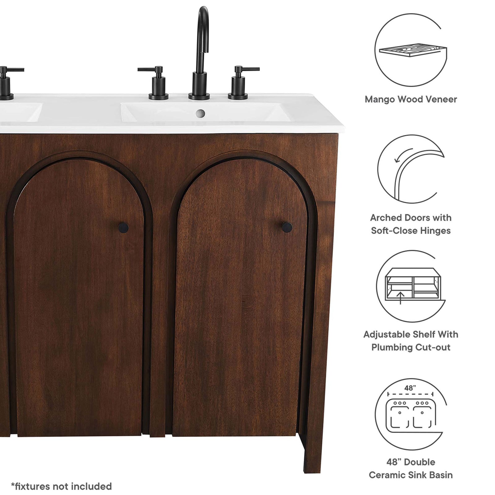 Key features include mango wood veneer, soft-close hinges, adjustable shelf, and double ceramic sink. || EEI-6792-WAL-WHI || callout_studio