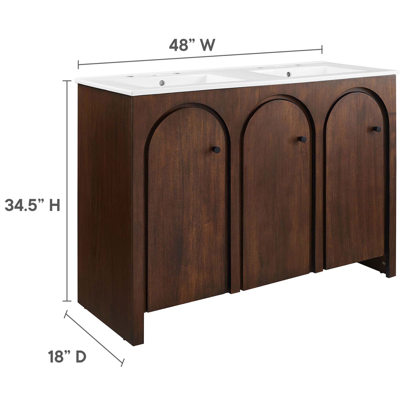 Sized for primary baths with a 48-inch width, 18-inch depth, and 34.5-inch height. || EEI-6792-WAL-WHI || dimension_studio