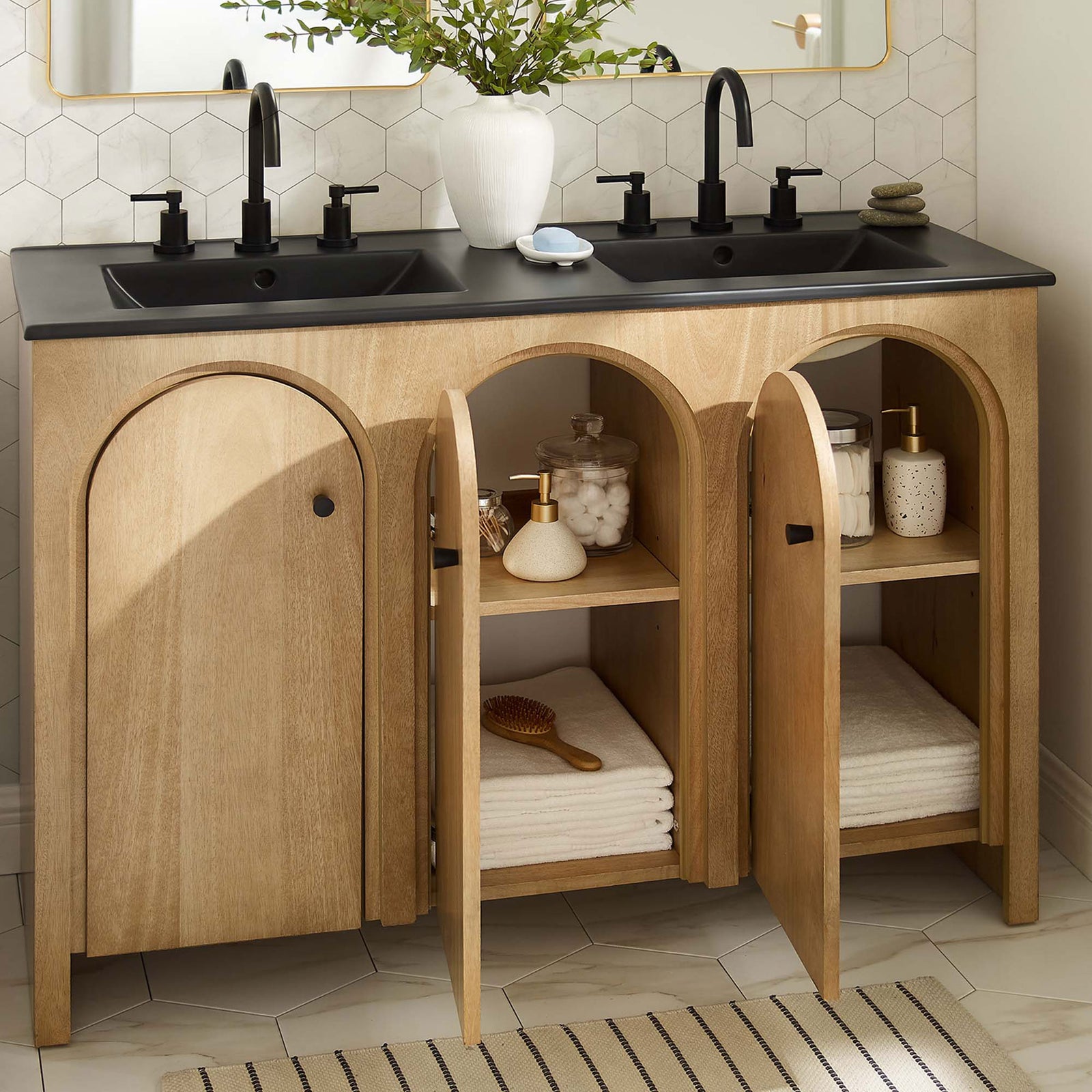Arched doors open to adjustable shelves, keeping bathroom essentials neatly within reach || EEI-6793-OAK-BLK || front_open_room