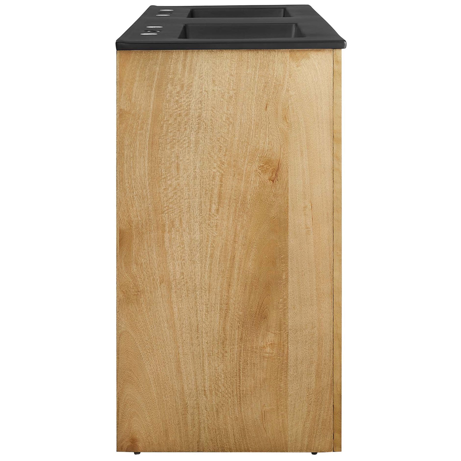 Slim profile cabinet in oak veneer capped with a modern black double-sink countertop || EEI-6793-OAK-BLK || side_studio