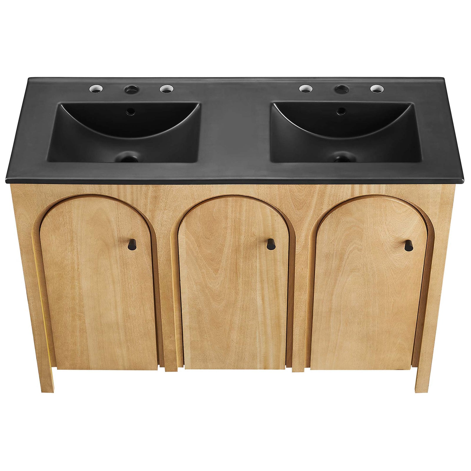 Dual black basins with pre-drilled widespread faucet holes on a smooth integrated counter || EEI-6793-OAK-BLK || top_studio