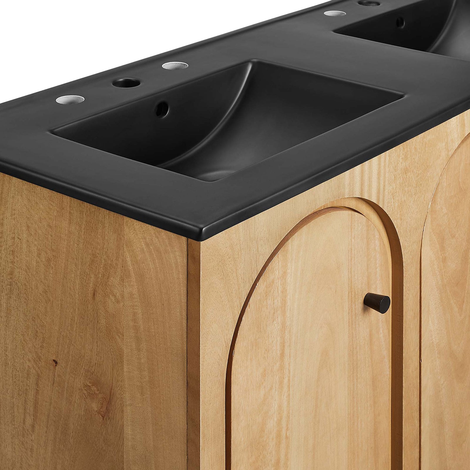 Smooth matte black ceramic basin with rounded edges and a flush, easy-clean counter surface || EEI-6793-OAK-BLK || detail_studio
