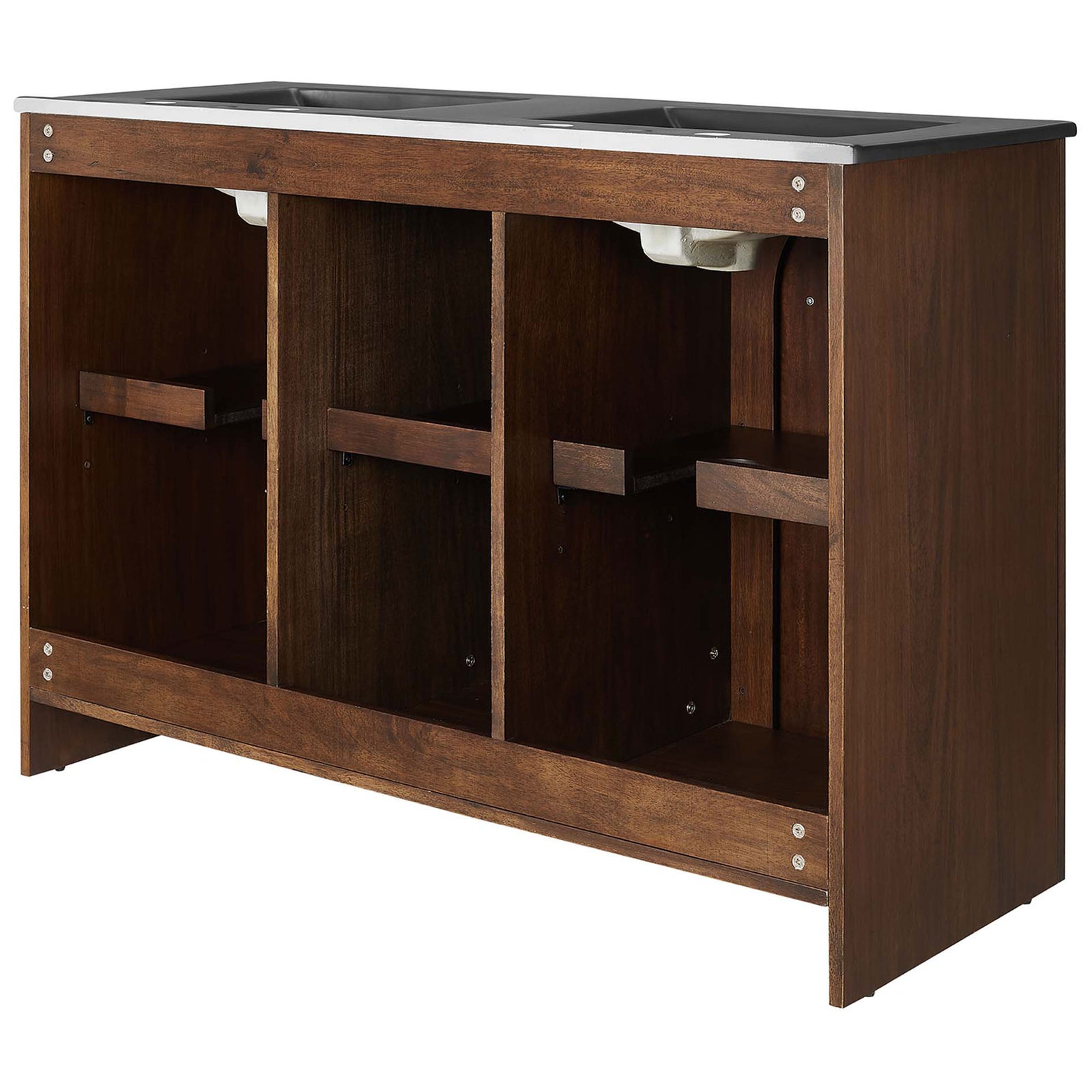 Open-back cabinet design with plumbing access and sturdy interior framing simplifies installation || EEI-6793-WAL-BLK || back_angle_studio