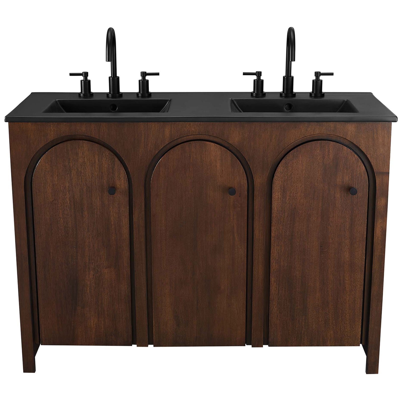 Arched-door walnut vanity with twin black basins styled with contemporary matte black faucets || EEI-6793-WAL-BLK || front_studio