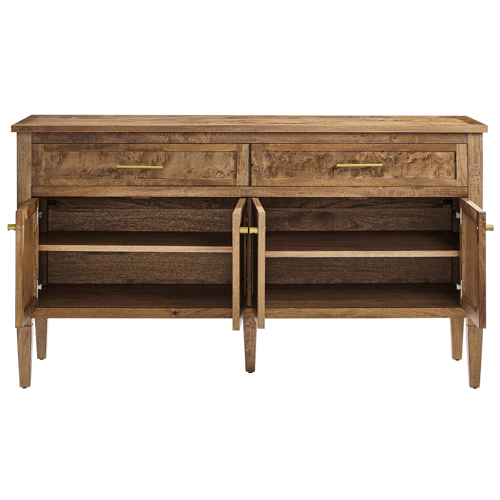 Burl wood sideboard with cabinet doors open to reveal spacious shelved compartments for organizing essentials. || EEI-6794-BRN || front_open_studio