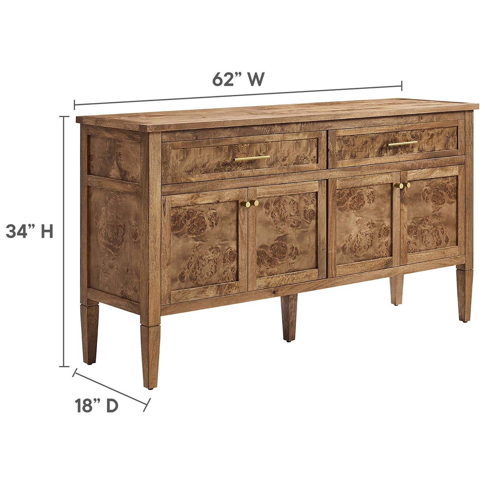 Dimension diagram shows the sideboard measuring 62 inches wide, 18 inches deep, and 34 inches high. || EEI-6794-BRN || dimension_studio