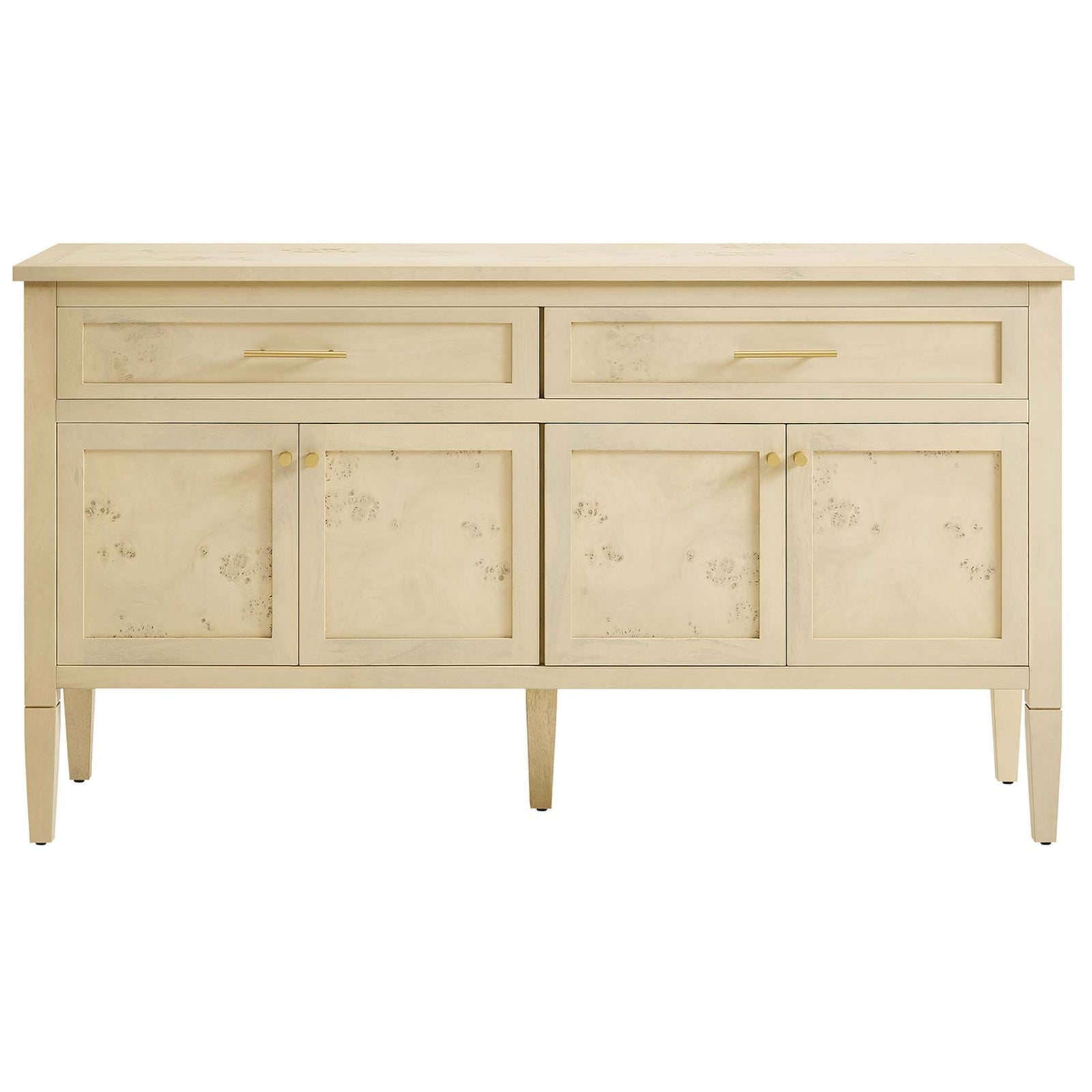 Elysian 62 inch bleached burl wood sideboard with four paneled doors, two drawers, and sleek brass hardware || EEI-6794-BUR || front_studio