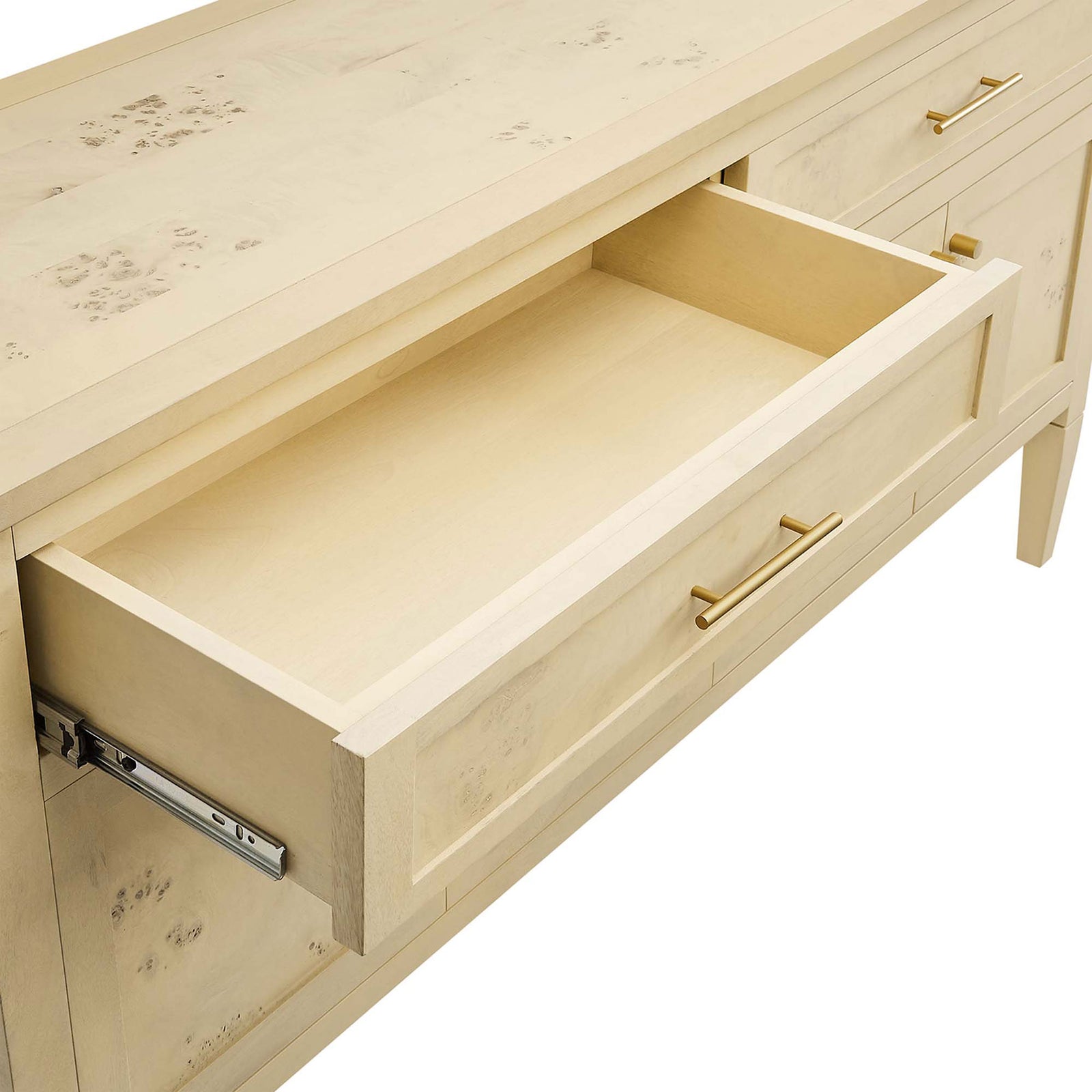 Spacious top drawer glides open to reveal smooth wood interior ideal for linens, flatware, and everyday essentials || EEI-6794-BUR || storage_open_studio