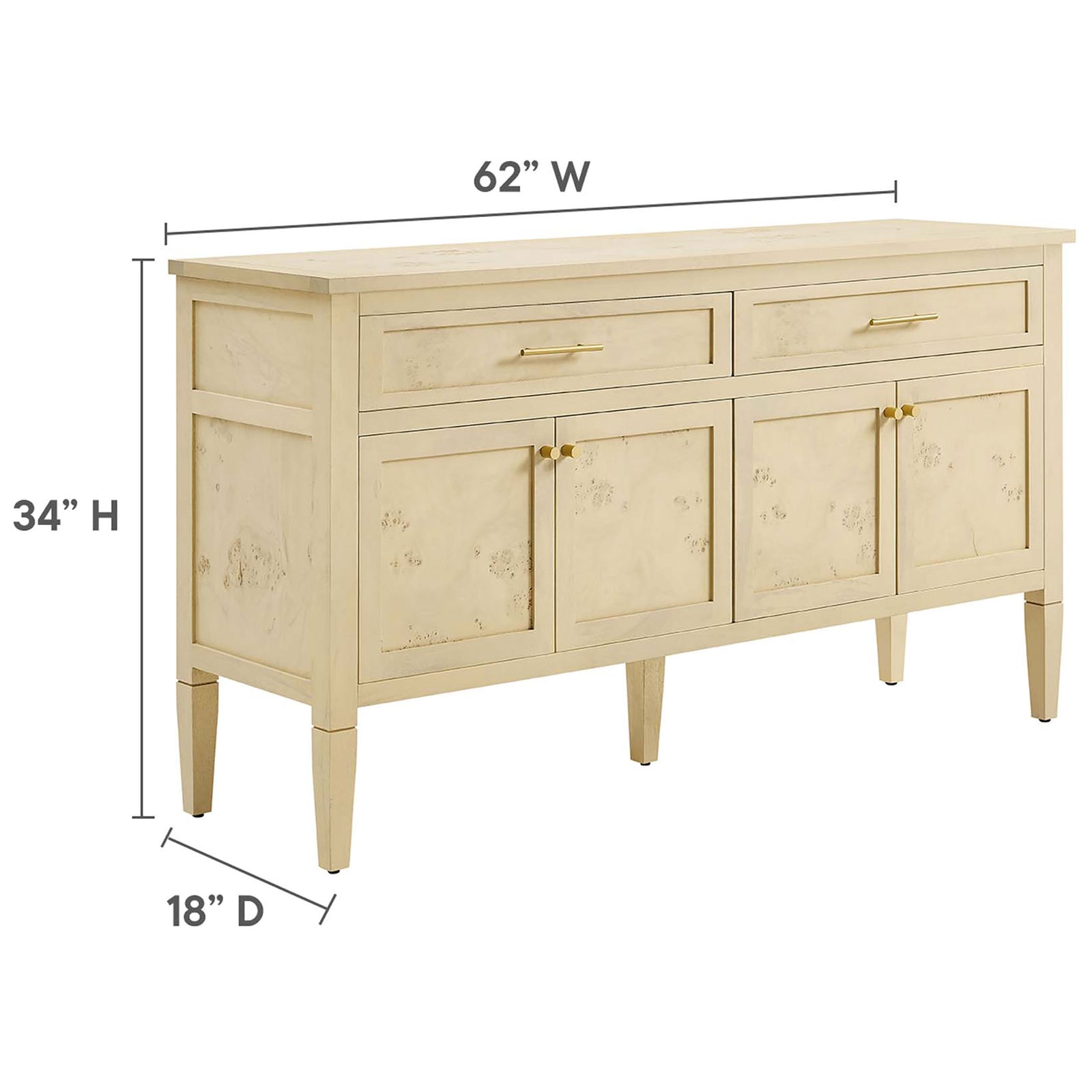 Dimensions of the Elysian burl wood sideboard showing its 62 inch width, 18 inch depth, and 34 inch height || EEI-6794-BUR || dimension_studio