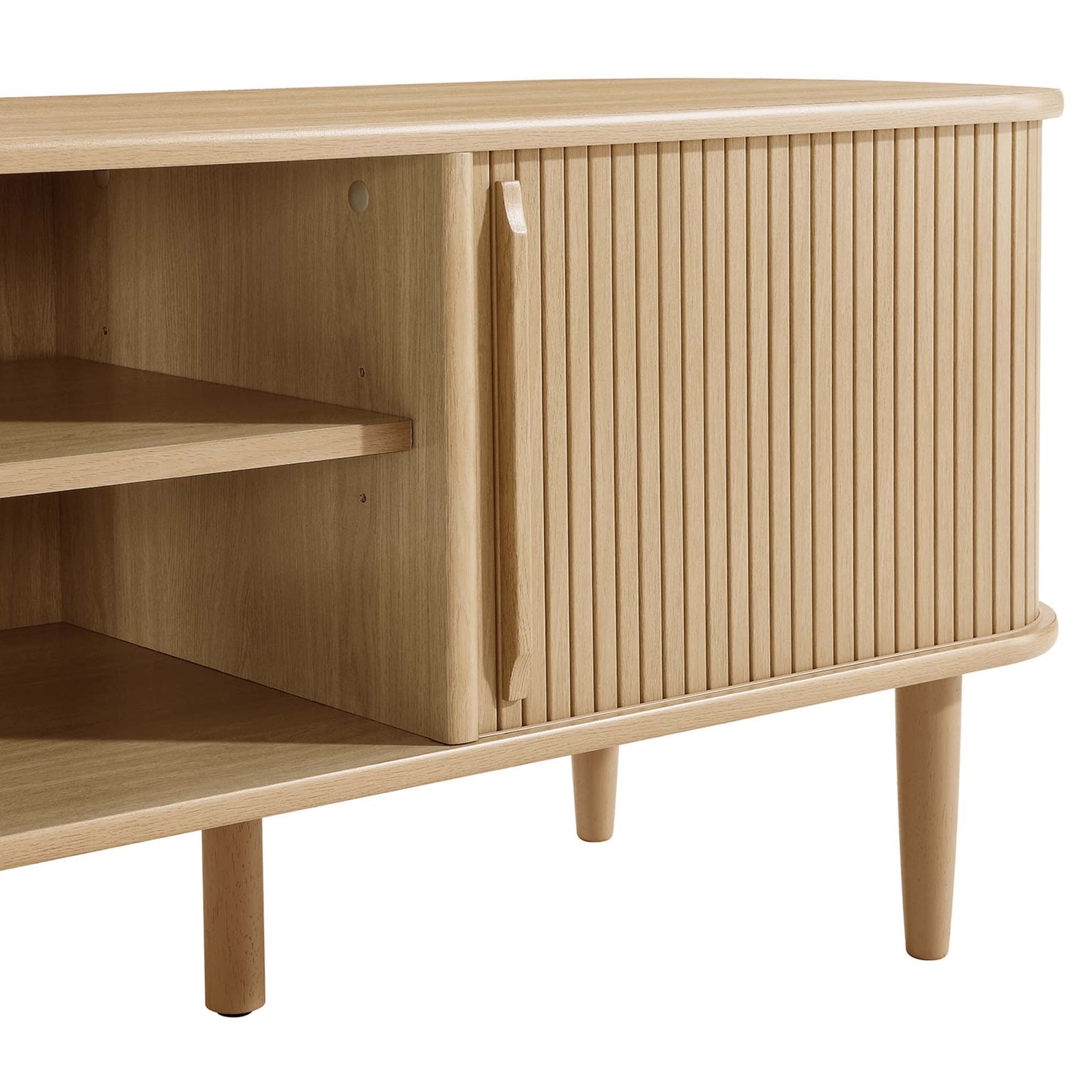 Tapered oak legs and sculpted door handle detailing elevate the TV stand design || EEI-6795-OAK || storage_studio