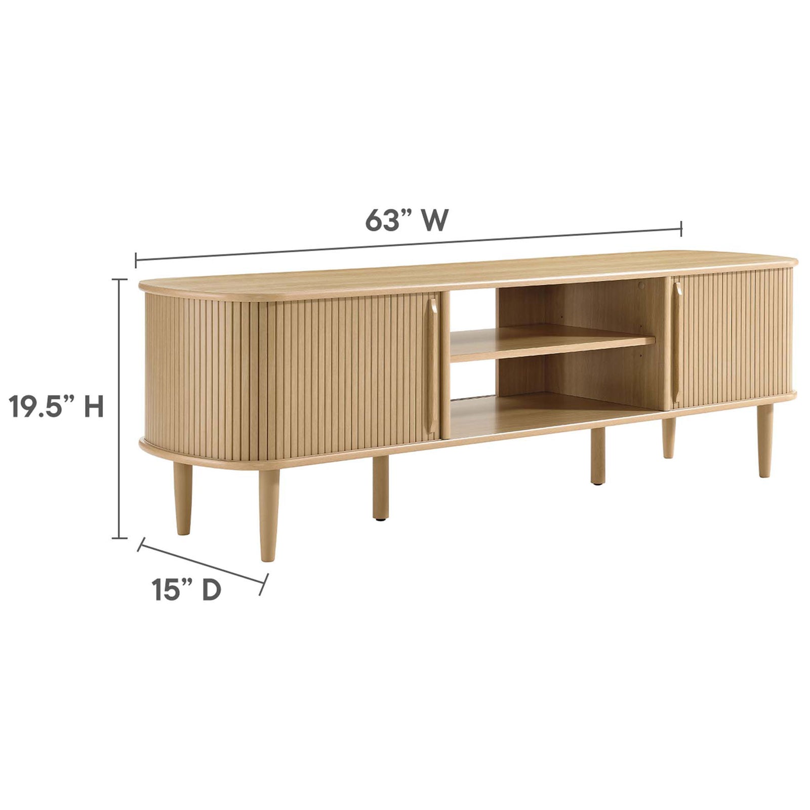 Size diagram for the 63-inch oak TV stand with labeled length, height, and depth || EEI-6795-OAK || dimension_studio