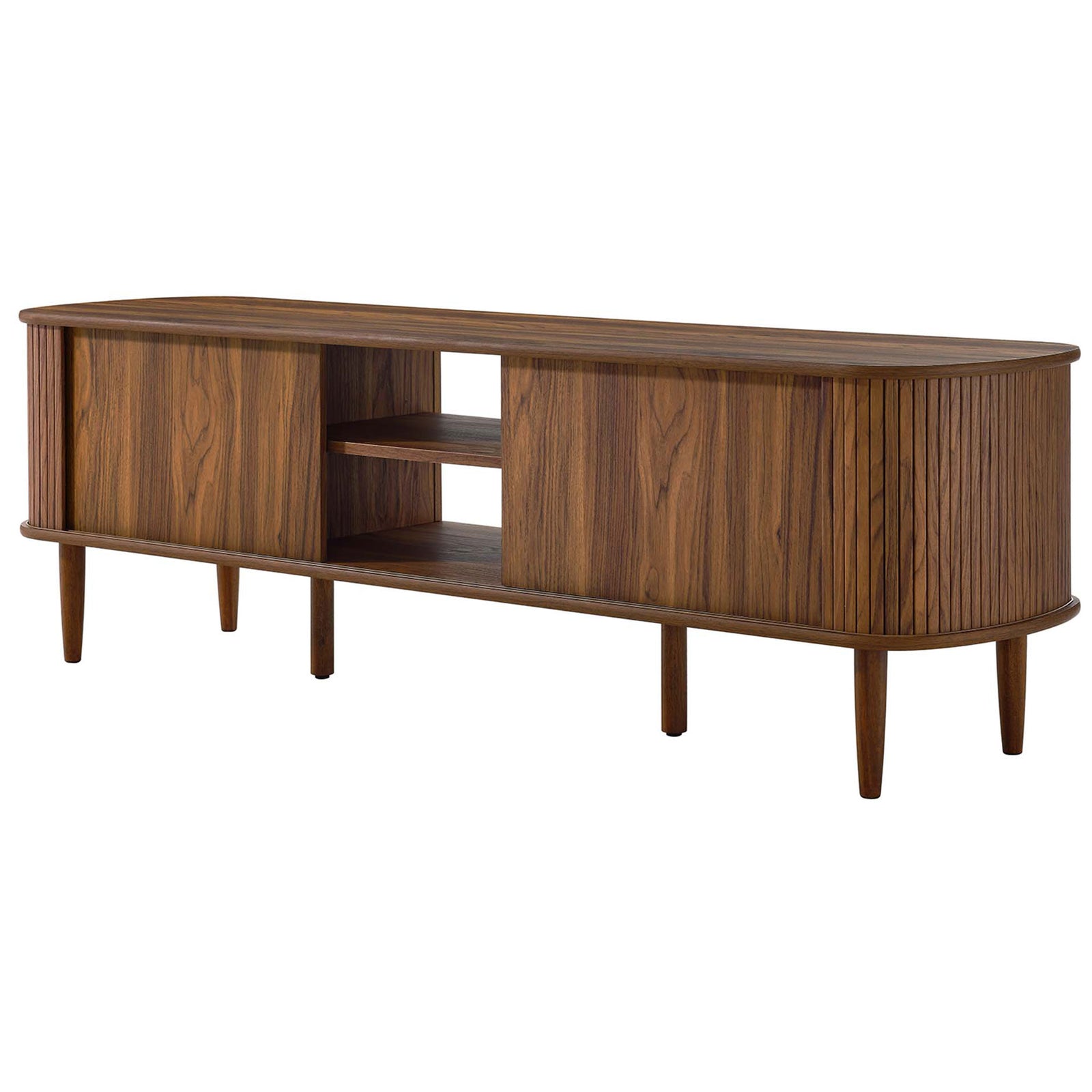 Sliding beadboard doors glide across the walnut TV stand for flexible storage || EEI-6795-WAL || front_angle_studio