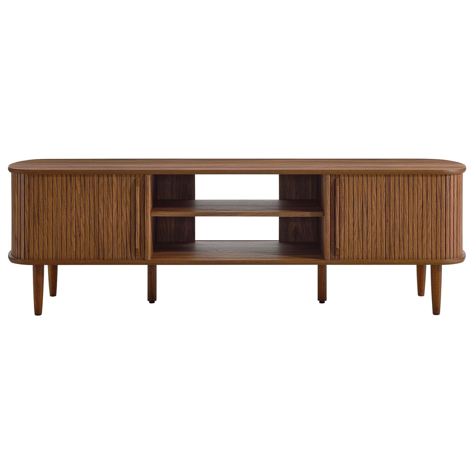Mid-century 63-inch walnut TV stand with fluted doors and generous open shelving || EEI-6795-WAL || front_studio