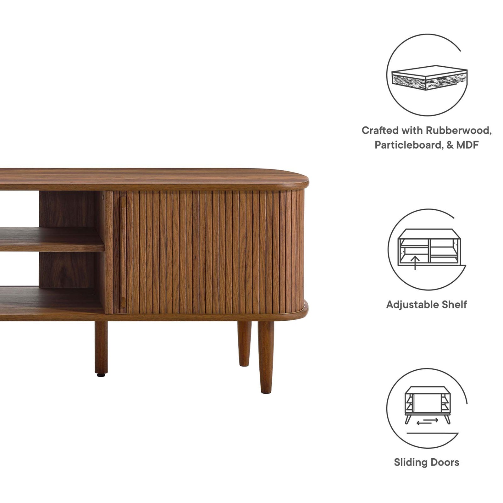 Feature icons highlight wood construction, adjustable shelf, and sliding doors || EEI-6795-WAL || callout_studio