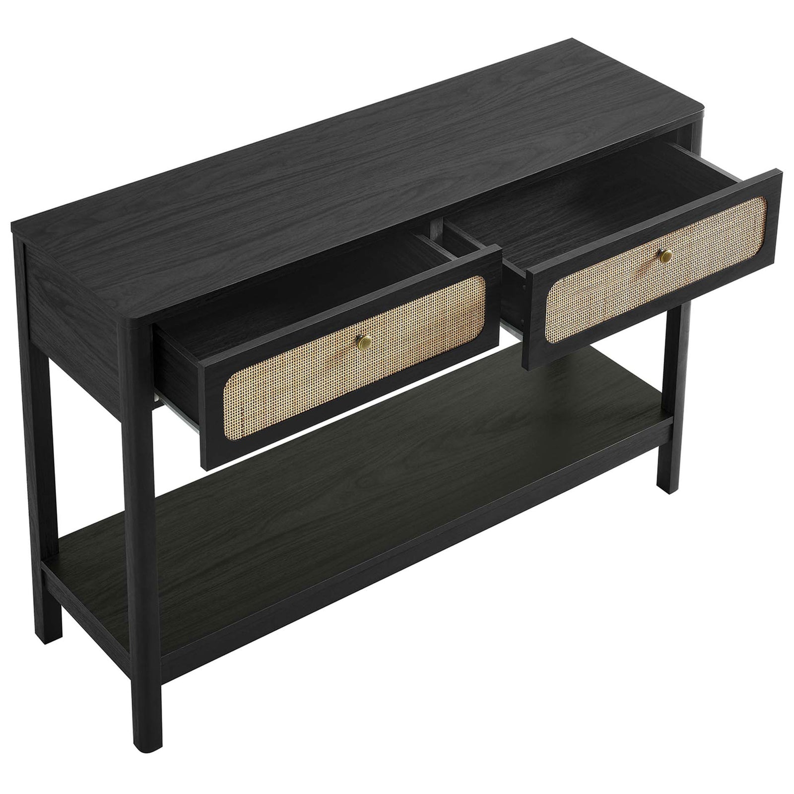 Dual full-glide drawers open to reveal generous storage above an expansive lower shelf || EEI-6797-BLK || front_angle_open_studio