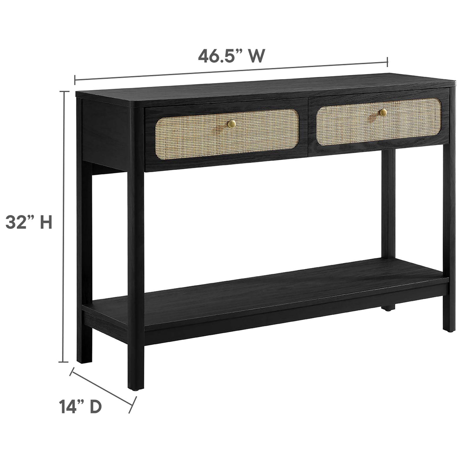 Console table measures 46.5 inches wide, 14 inches deep, and 32 inches high || EEI-6797-BLK || dimension_studio
