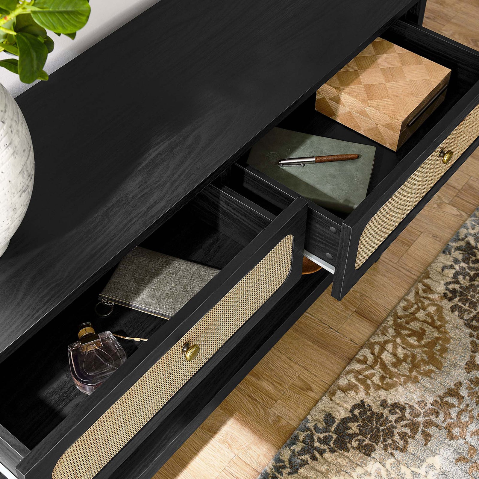 Drawers glide smoothly for easy access to essentials, with ample room for organizers || EEI-6797-BLK || storage_open_room
