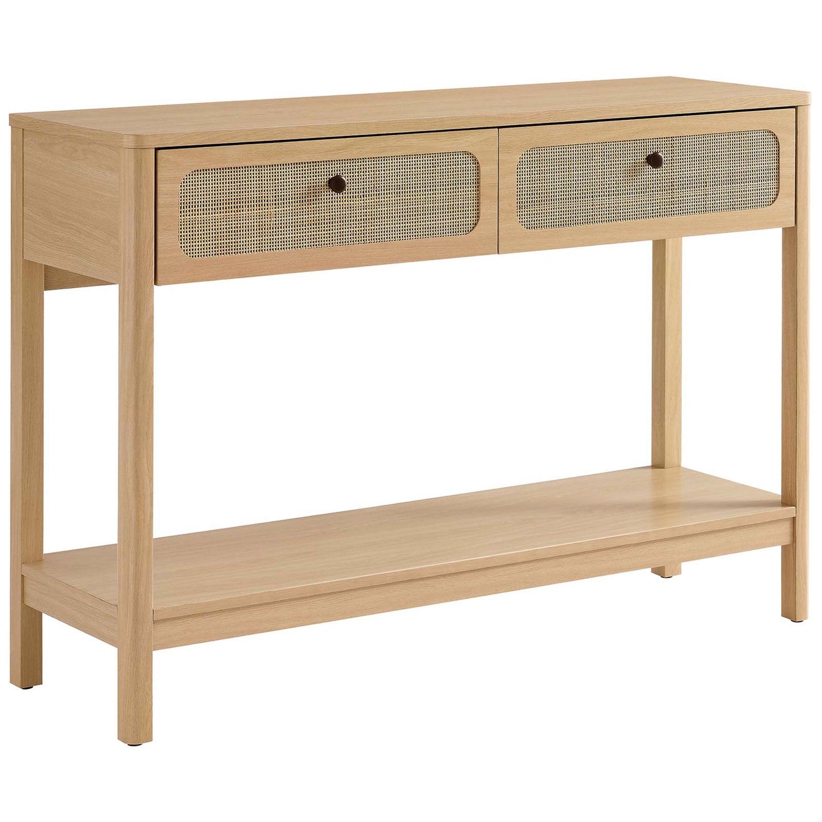 Warm oak console table featuring dual rattan-front drawers and a spacious display shelf. || EEI-6797-OAK || front_angle_studio