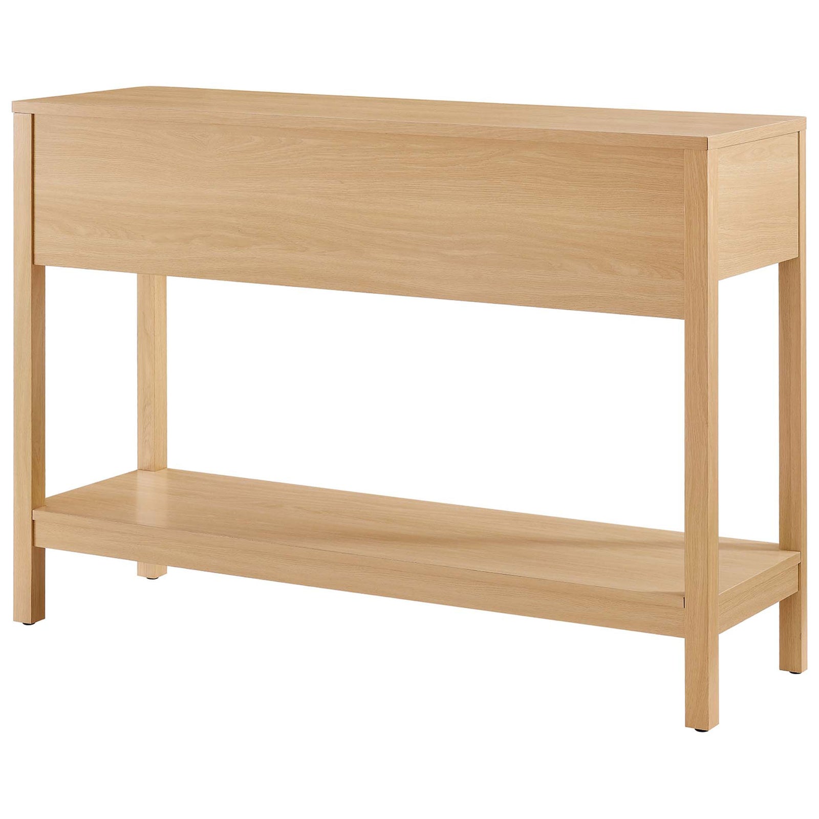 Finished back panel and supportive frame with an integrated bottom shelf in oak grain. || EEI-6797-OAK || back_angle_studio