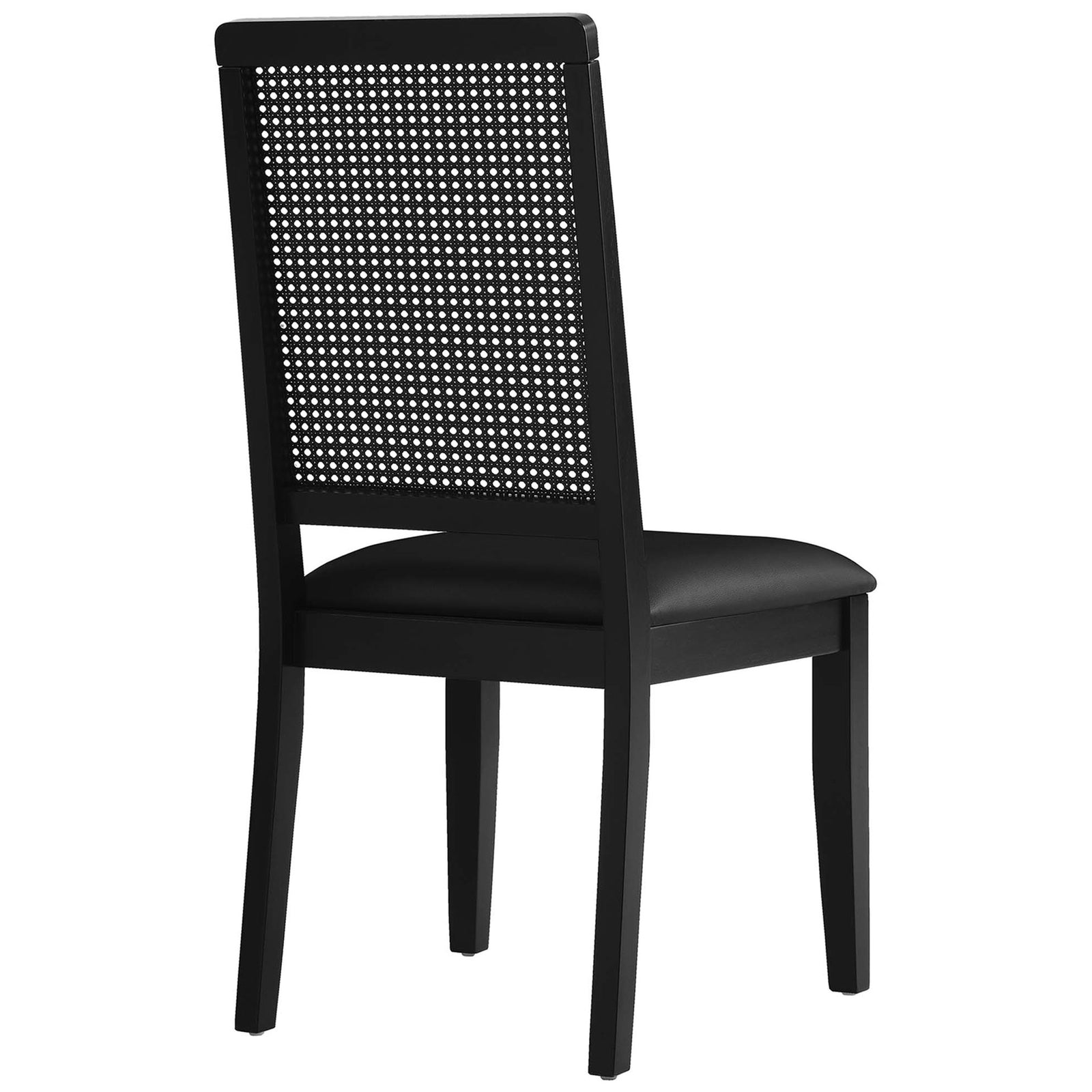 Black dining chair featuring patterned faux cane backrest, vegan leather seat, and tapered wood legs || EEI-6802-BLK-BLK-BLK || back_angle_studio
